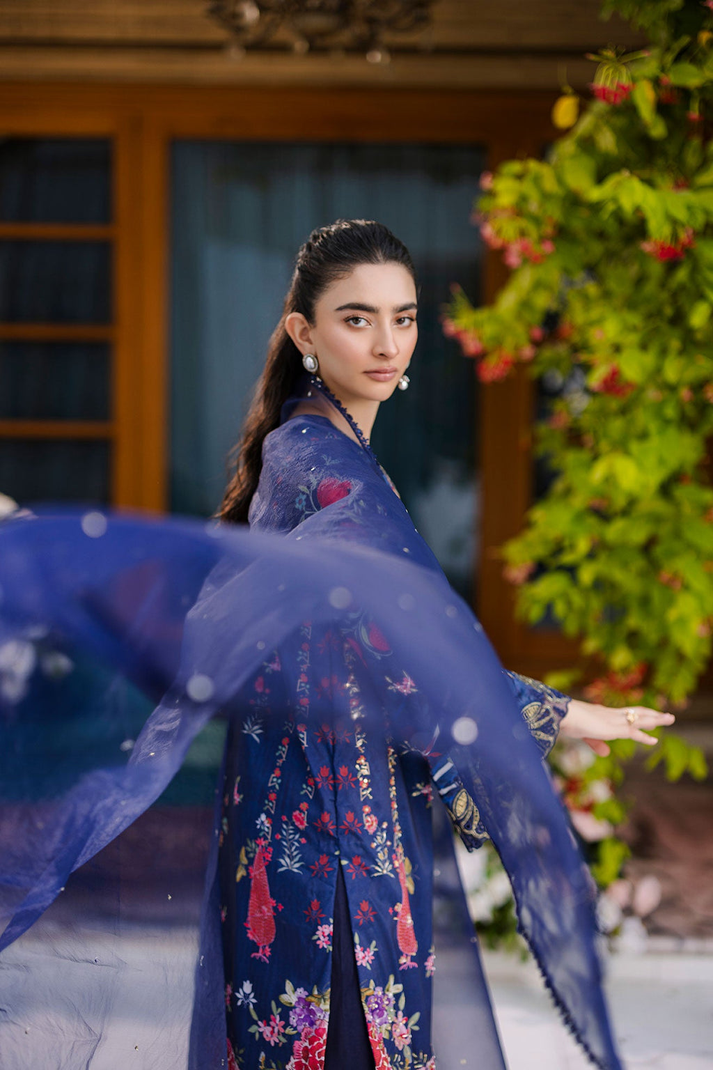 Silk Tunic - 2PCS HAND EMBELLISHED  SHIRT WITH TROUSER-FW25DA-2875 NAVY BLUE