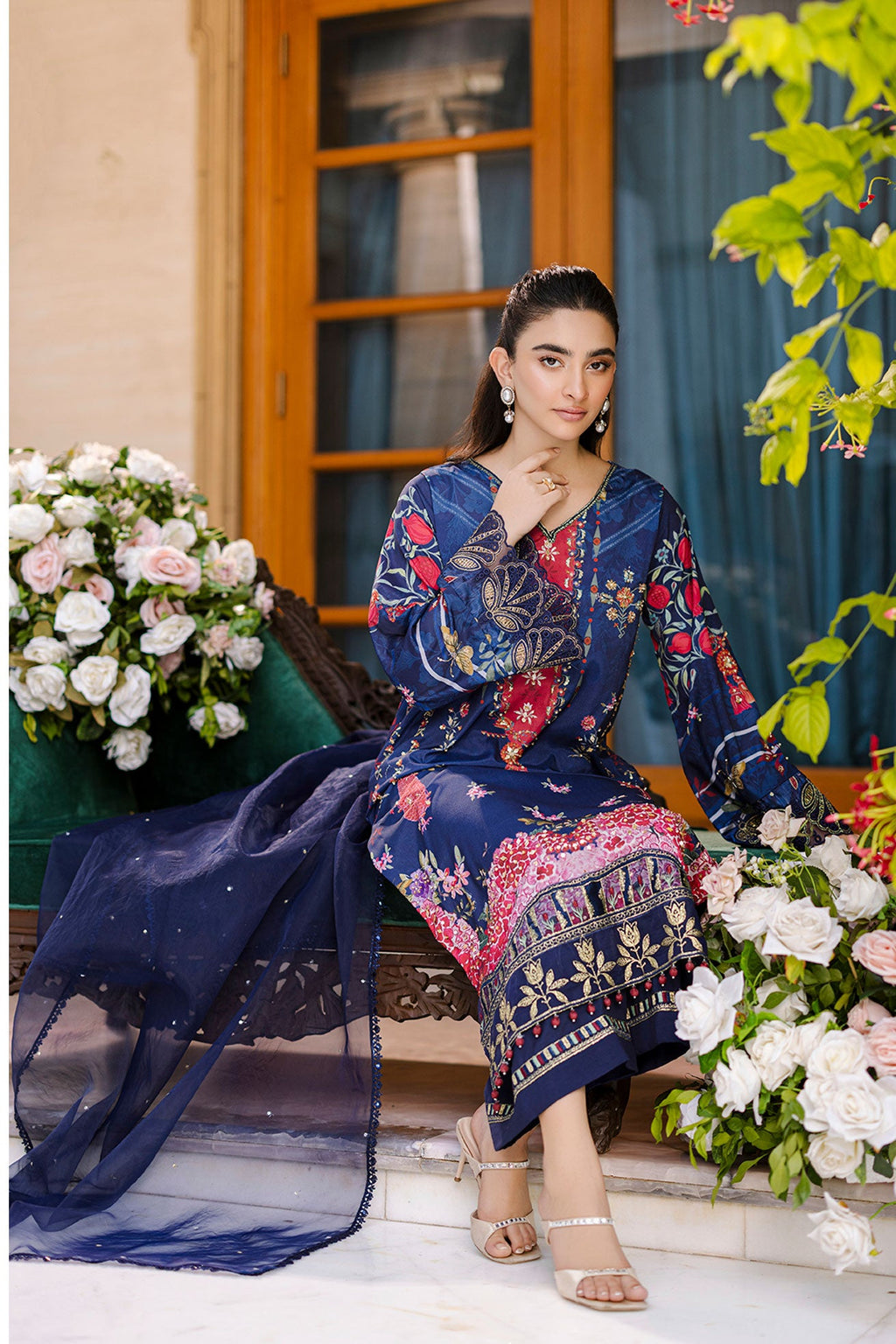 Silk Tunic - 2PCS HAND EMBELLISHED  SHIRT WITH TROUSER-FW25DA-2875 NAVY BLUE