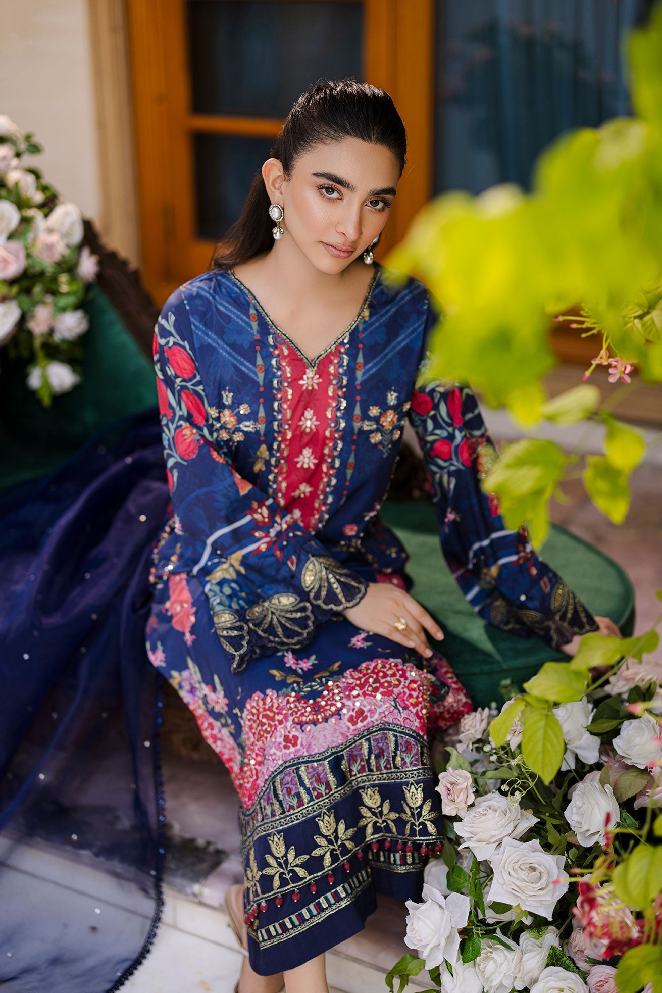 Silk Tunic - 2PCS HAND EMBELLISHED  SHIRT WITH TROUSER-FW25DA-2875 NAVY BLUE