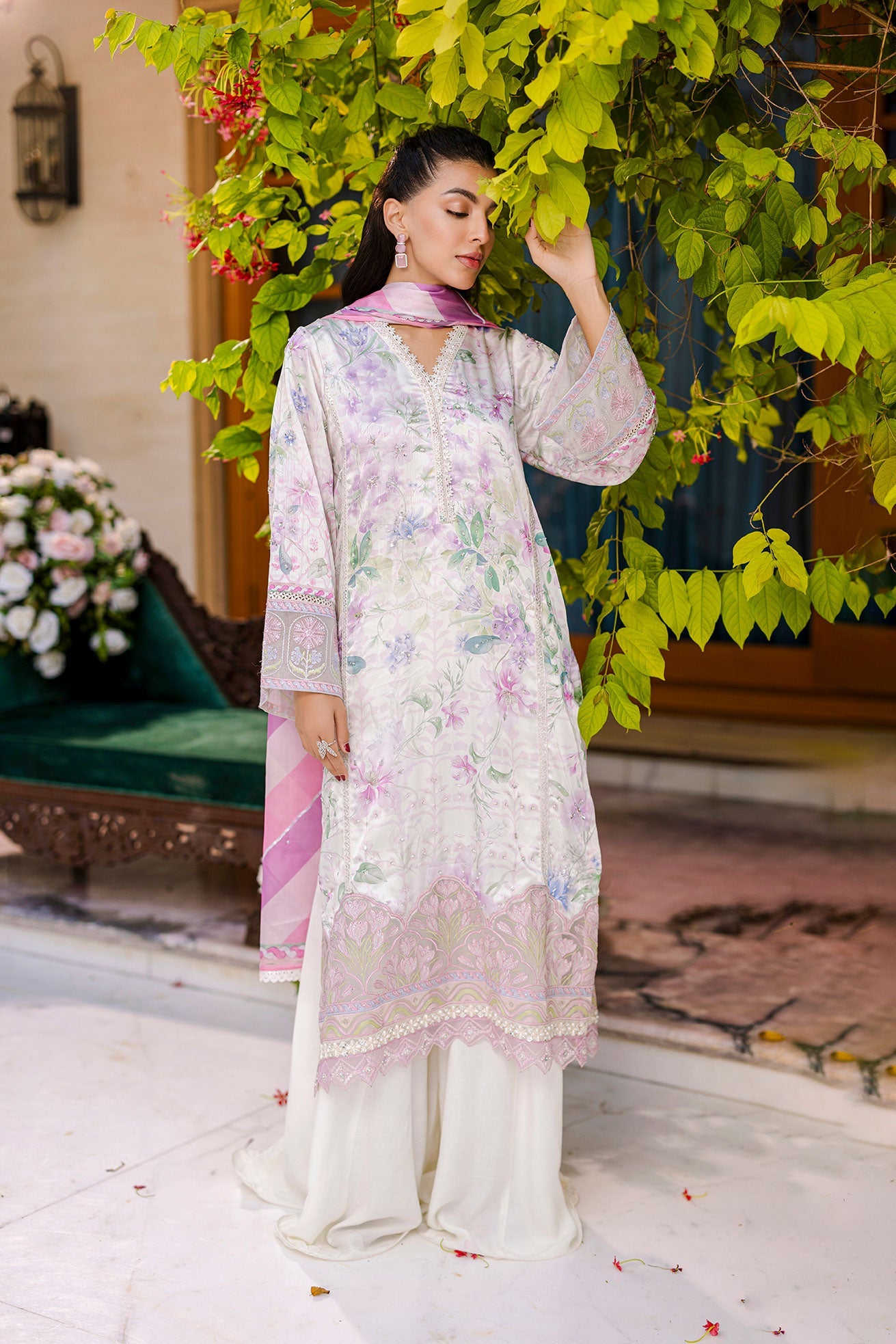 Silk Tunic - 2PCS HAND EMBELLISHED  SHIRT WITH TROUSER-FW25DA-2868 OFF WHITE