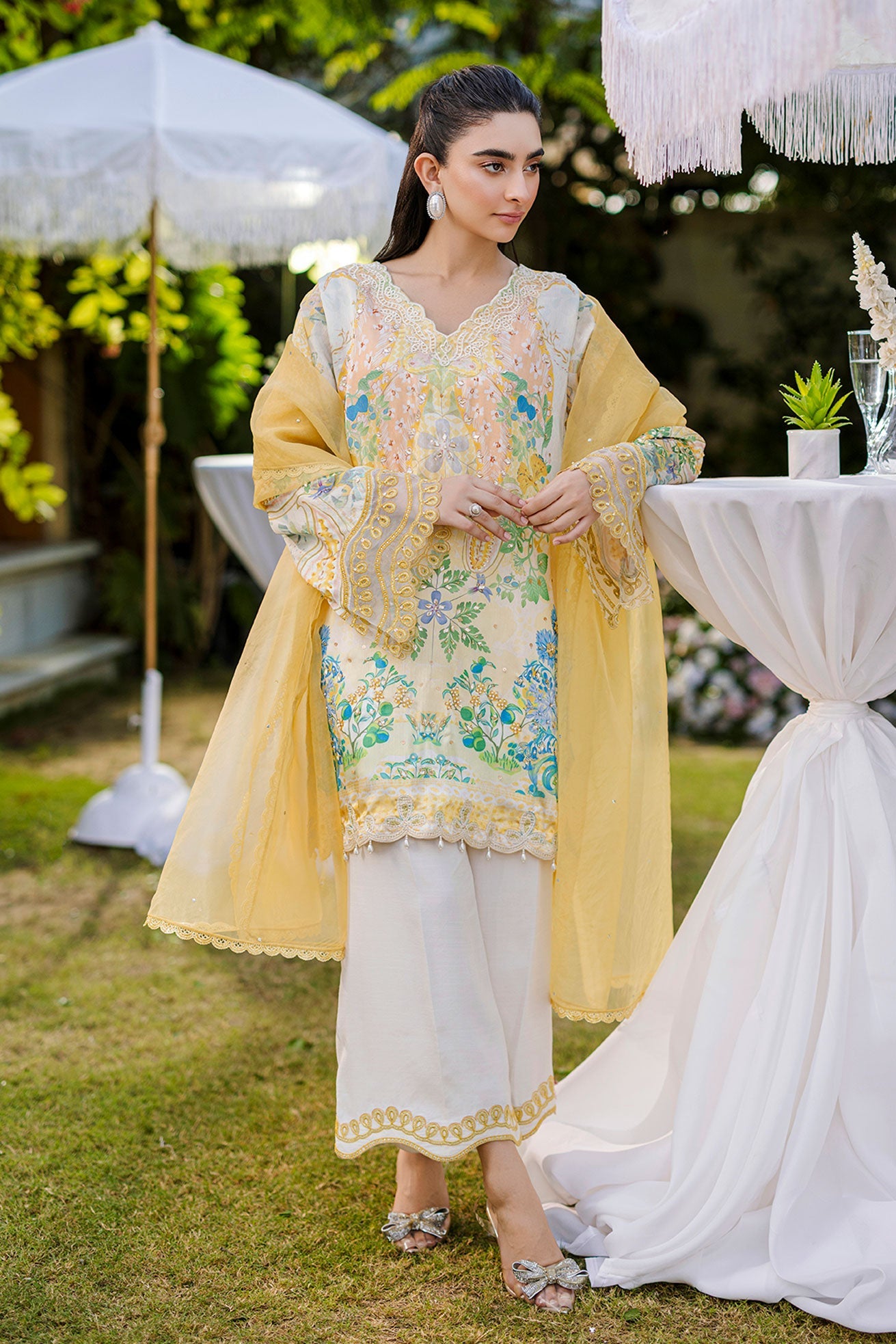 Silk Tunic - 2PCS HAND EMBELLISHED  SHIRT WITH TROUSER-FW25DA-2867 YELLOW