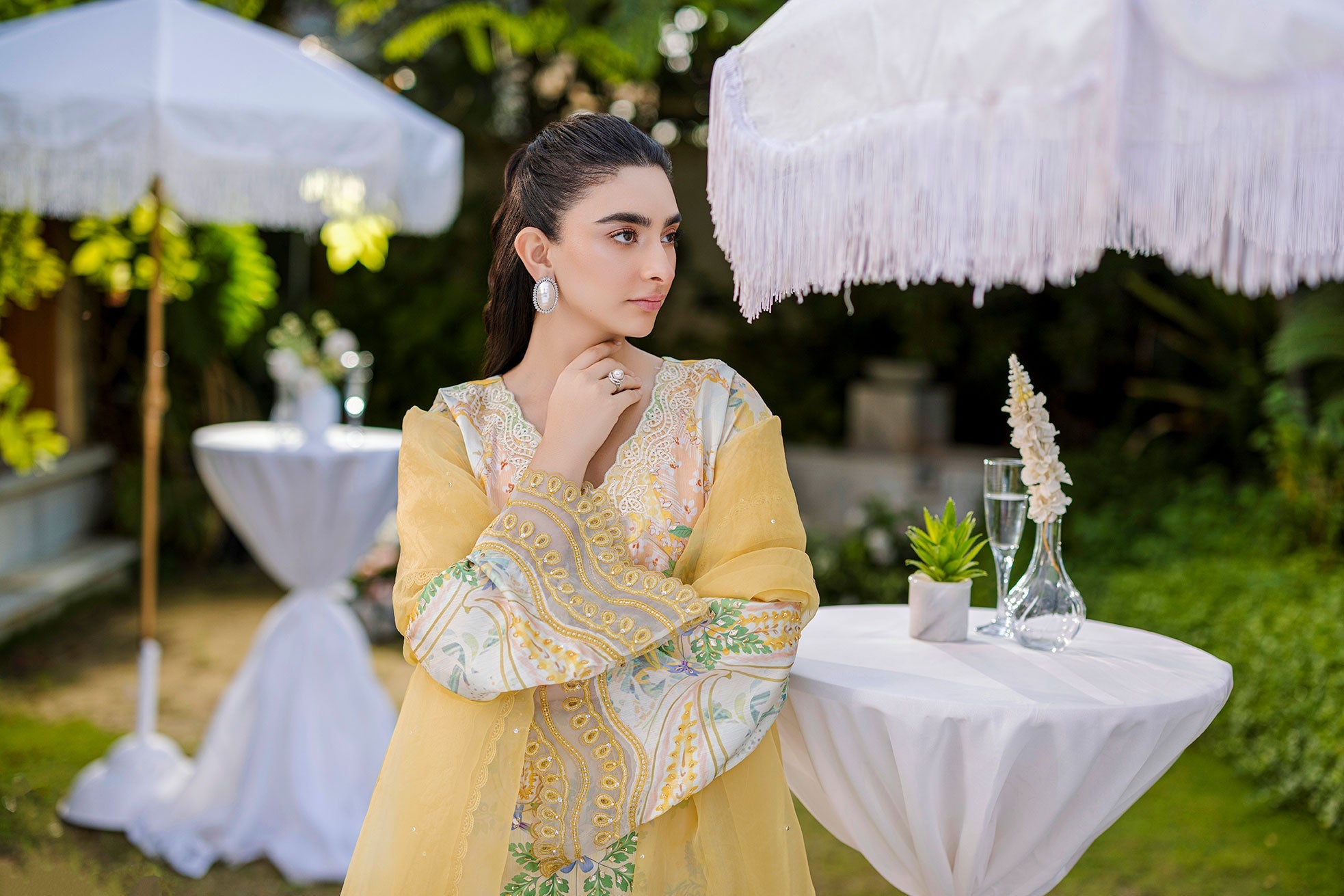Silk Tunic - 2PCS HAND EMBELLISHED  SHIRT WITH TROUSER-FW25DA-2867 YELLOW