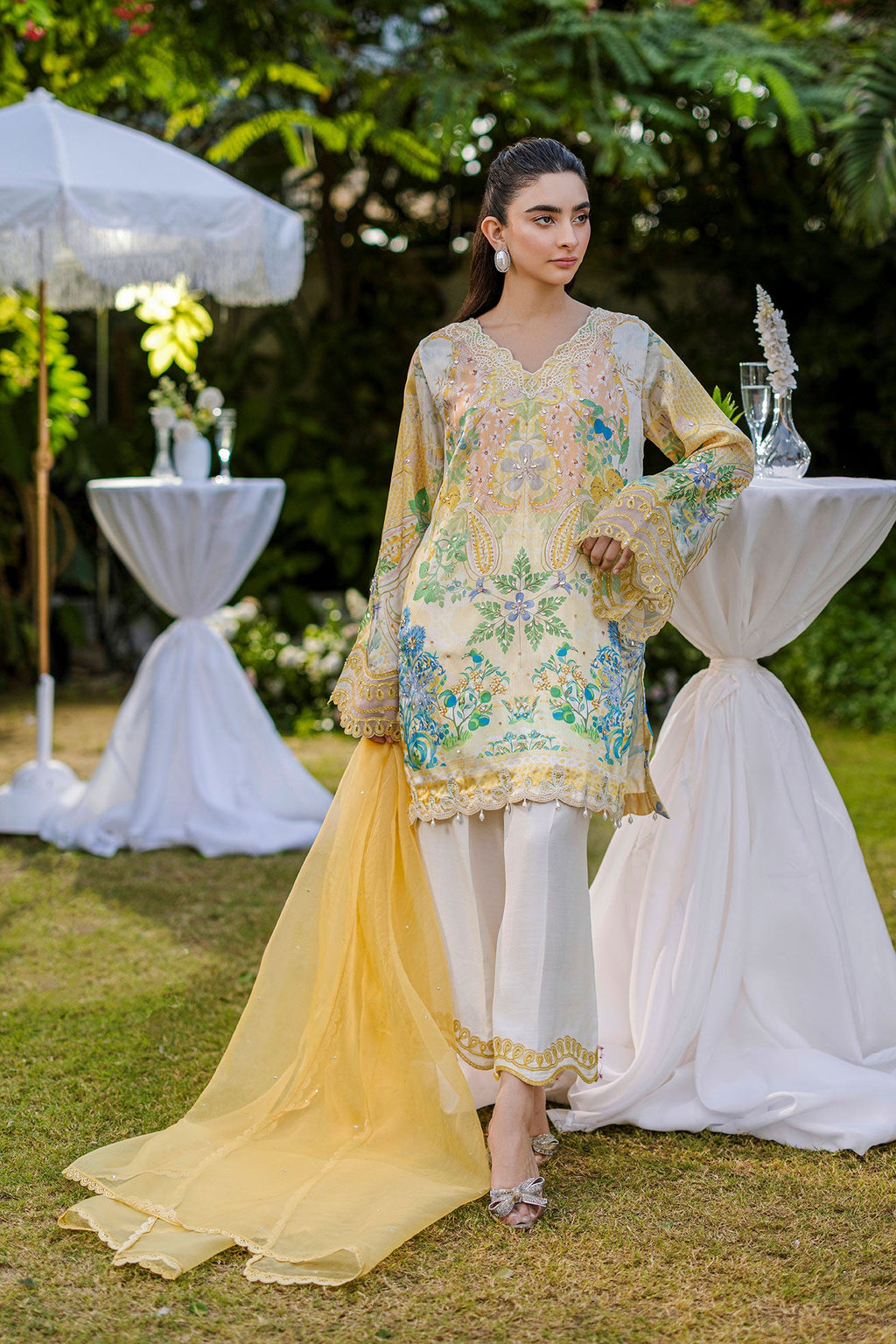 Silk Tunic - 2PCS HAND EMBELLISHED  SHIRT WITH TROUSER-FW25DA-2867 YELLOW