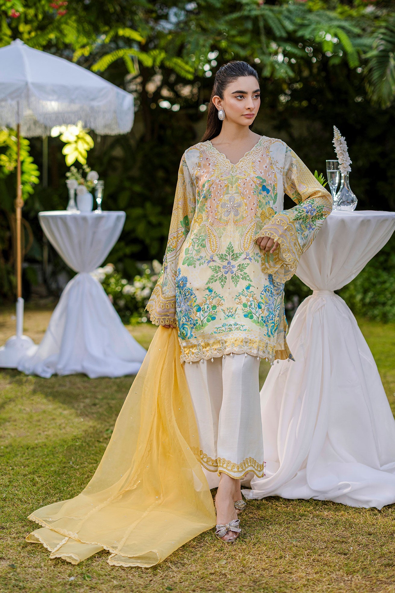 Silk Tunic - 2PCS HAND EMBELLISHED  SHIRT WITH TROUSER-FW25DA-2867 YELLOW