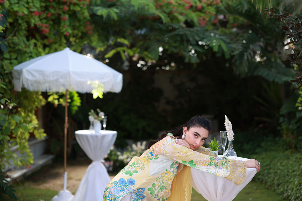 Silk Tunic - 2PCS HAND EMBELLISHED  SHIRT WITH TROUSER-FW25DA-2867 YELLOW