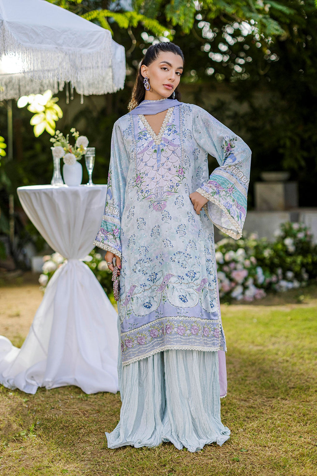 Silk Tunic - 2PCS HAND EMBELLISHED  SHIRT WITH TROUSER-FW25DA-2866 SKY BLUE