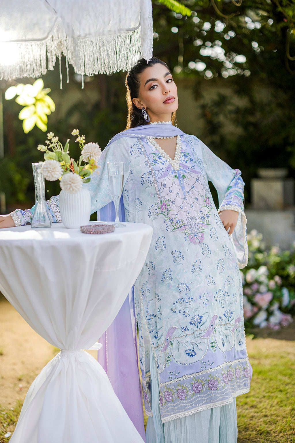 Silk Tunic - 2PCS HAND EMBELLISHED  SHIRT WITH TROUSER-FW25DA-2866 SKY BLUE
