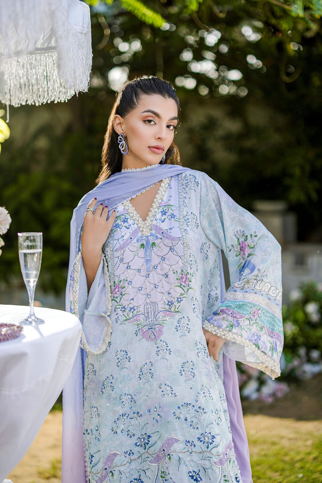 Silk Tunic - 2PCS HAND EMBELLISHED  SHIRT WITH TROUSER-FW25DA-2866 SKY BLUE