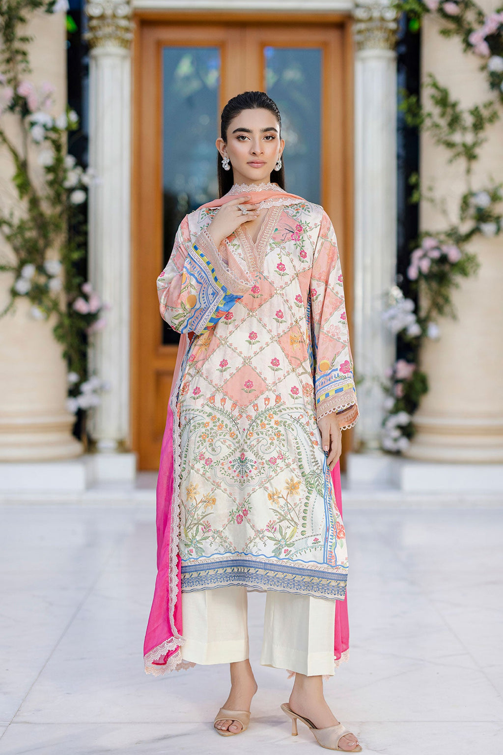 Silk Tunic - 2PCS HAND EMBELLISHED  SHIRT WITH TROUSER-FW25DA-2870 ORANGE