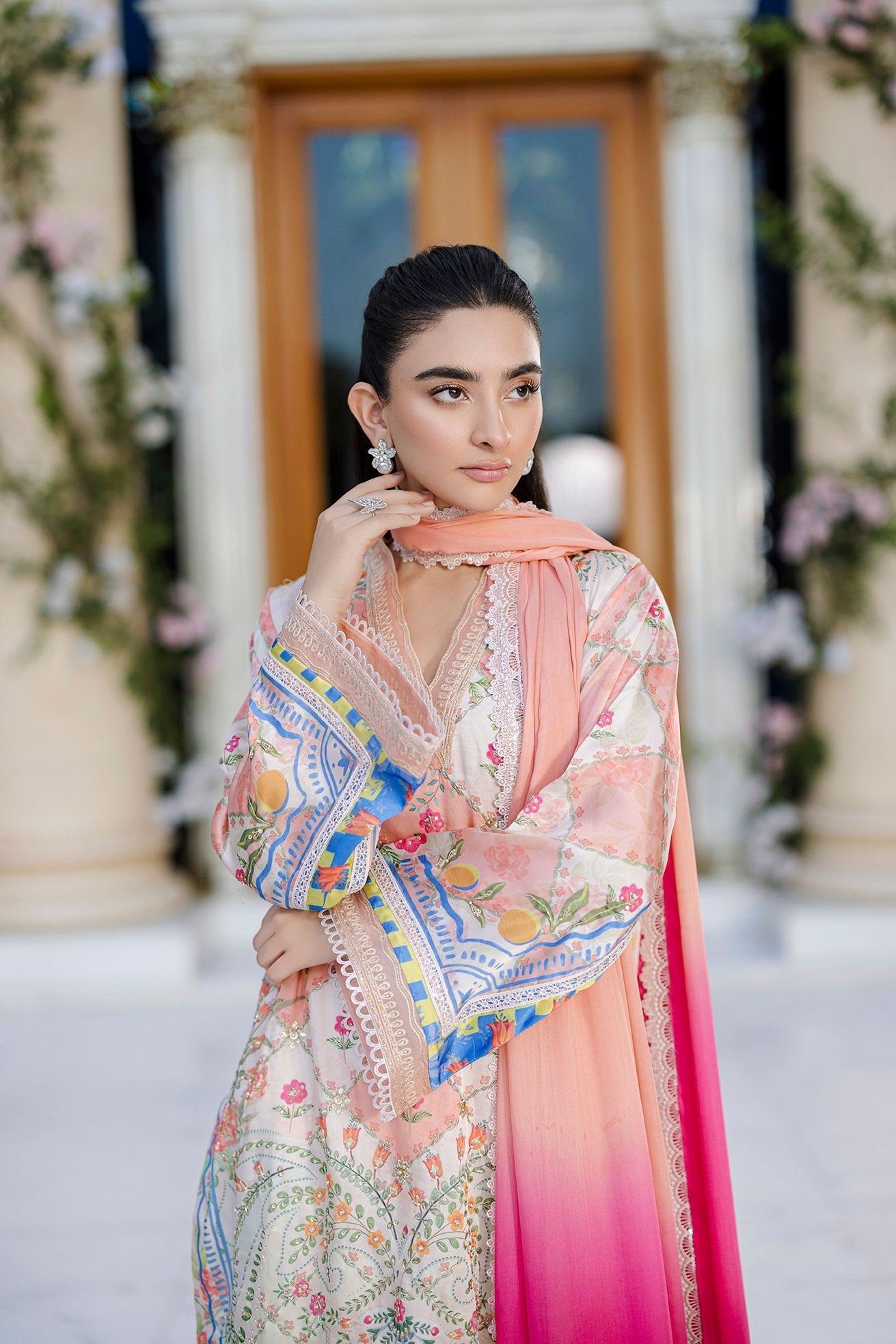 Silk Tunic - 2PCS HAND EMBELLISHED  SHIRT WITH TROUSER-FW25DA-2870 ORANGE