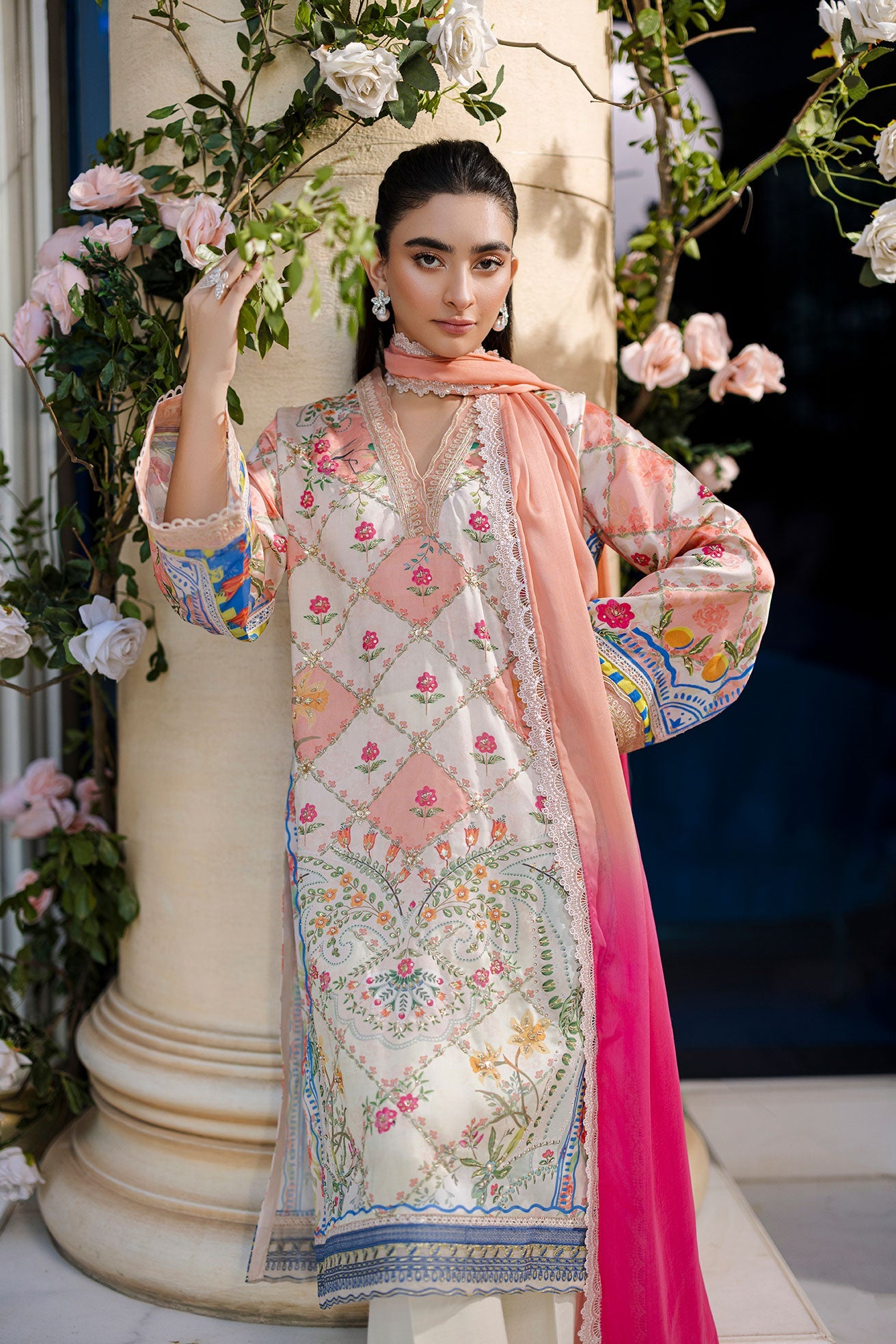 Silk Tunic - 2PCS HAND EMBELLISHED  SHIRT WITH TROUSER-FW25DA-2870 ORANGE