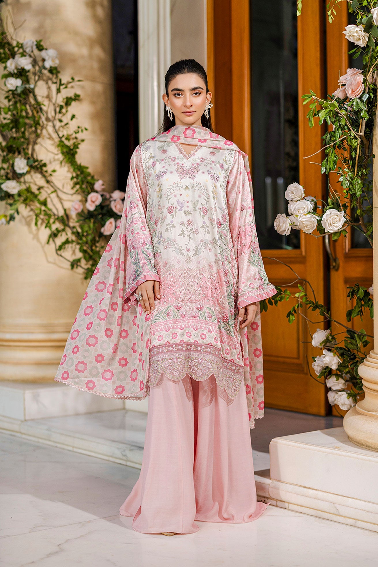 Silk Tunic - 2PCS HAND EMBELLISHED  SHIRT WITH TROUSER-FW25DA-2873 PINK