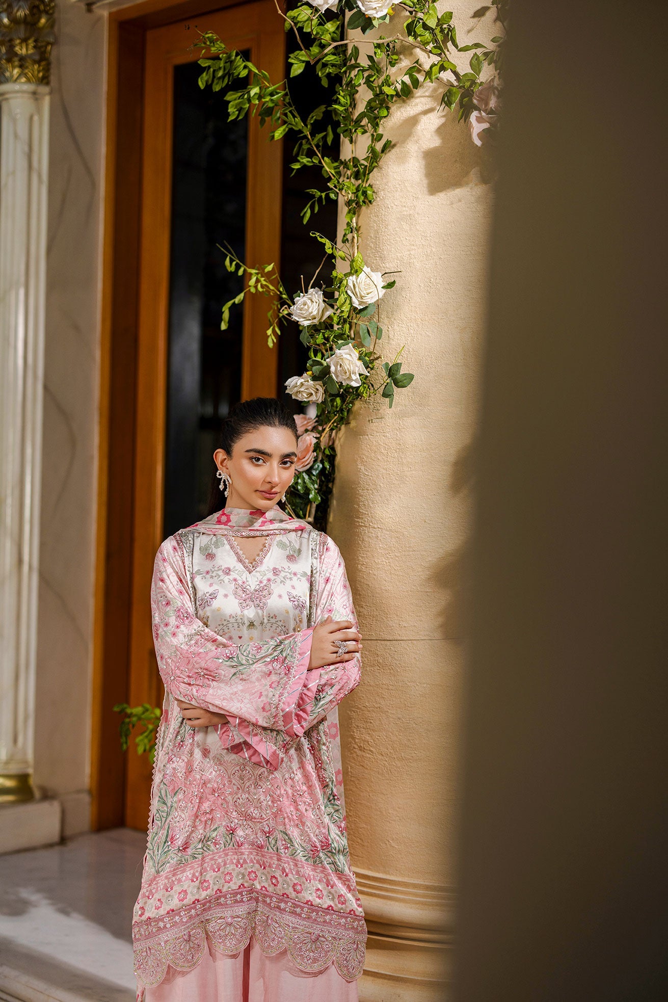 Silk Tunic - 2PCS HAND EMBELLISHED  SHIRT WITH TROUSER-FW25DA-2873 PINK
