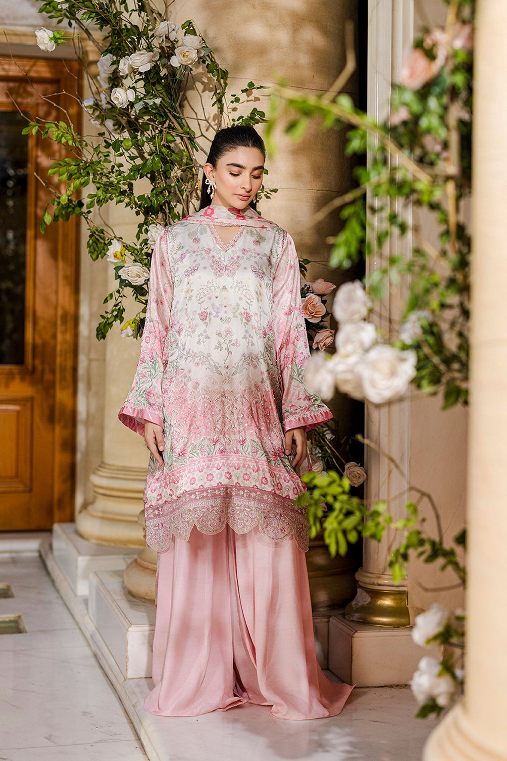 Silk Tunic - 2PCS HAND EMBELLISHED  SHIRT WITH TROUSER-FW25DA-2873 PINK