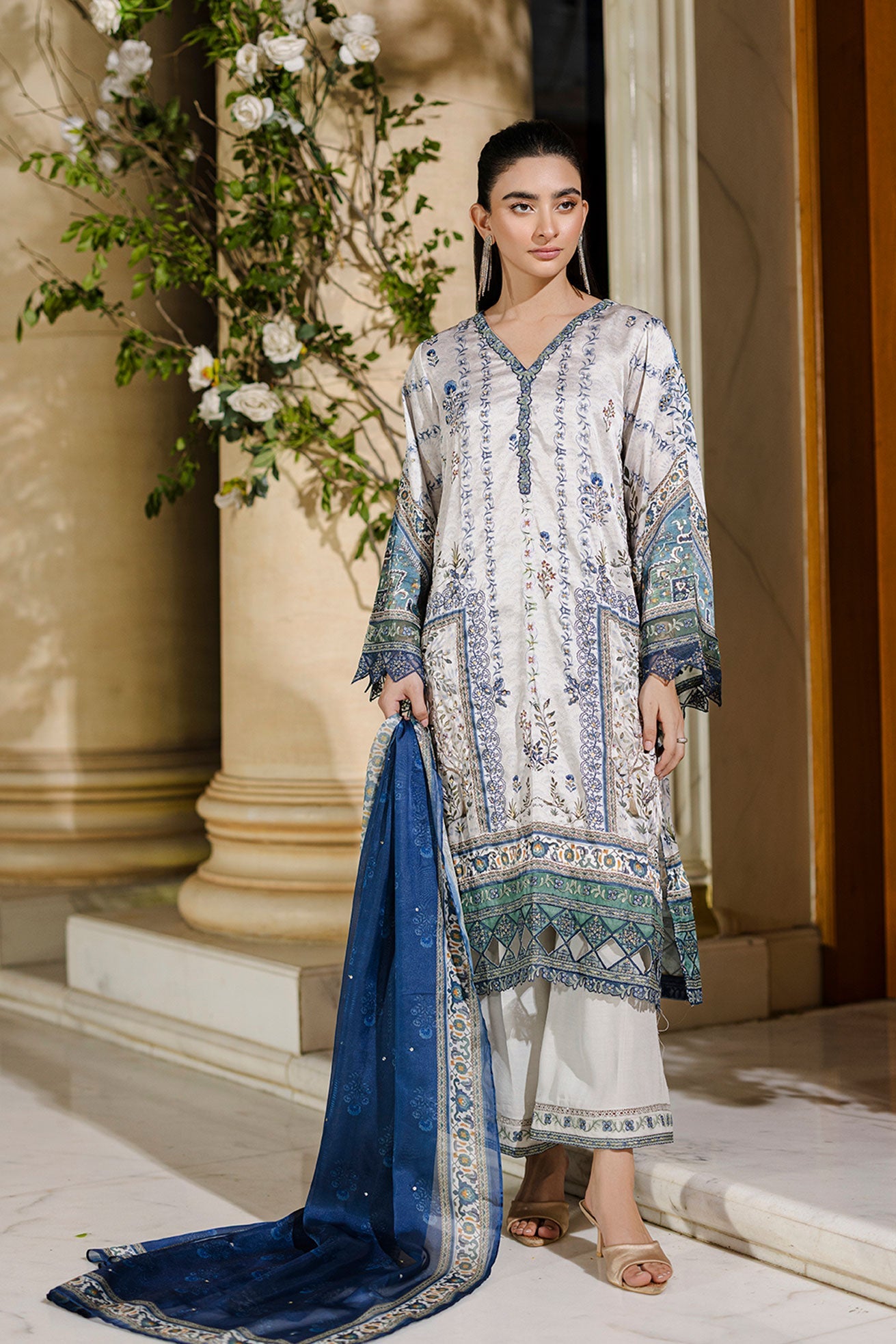 Silk Tunic - 2PCS HAND EMBELLISHED  SHIRT WITH TROUSER-FW25DA-2872 GREY