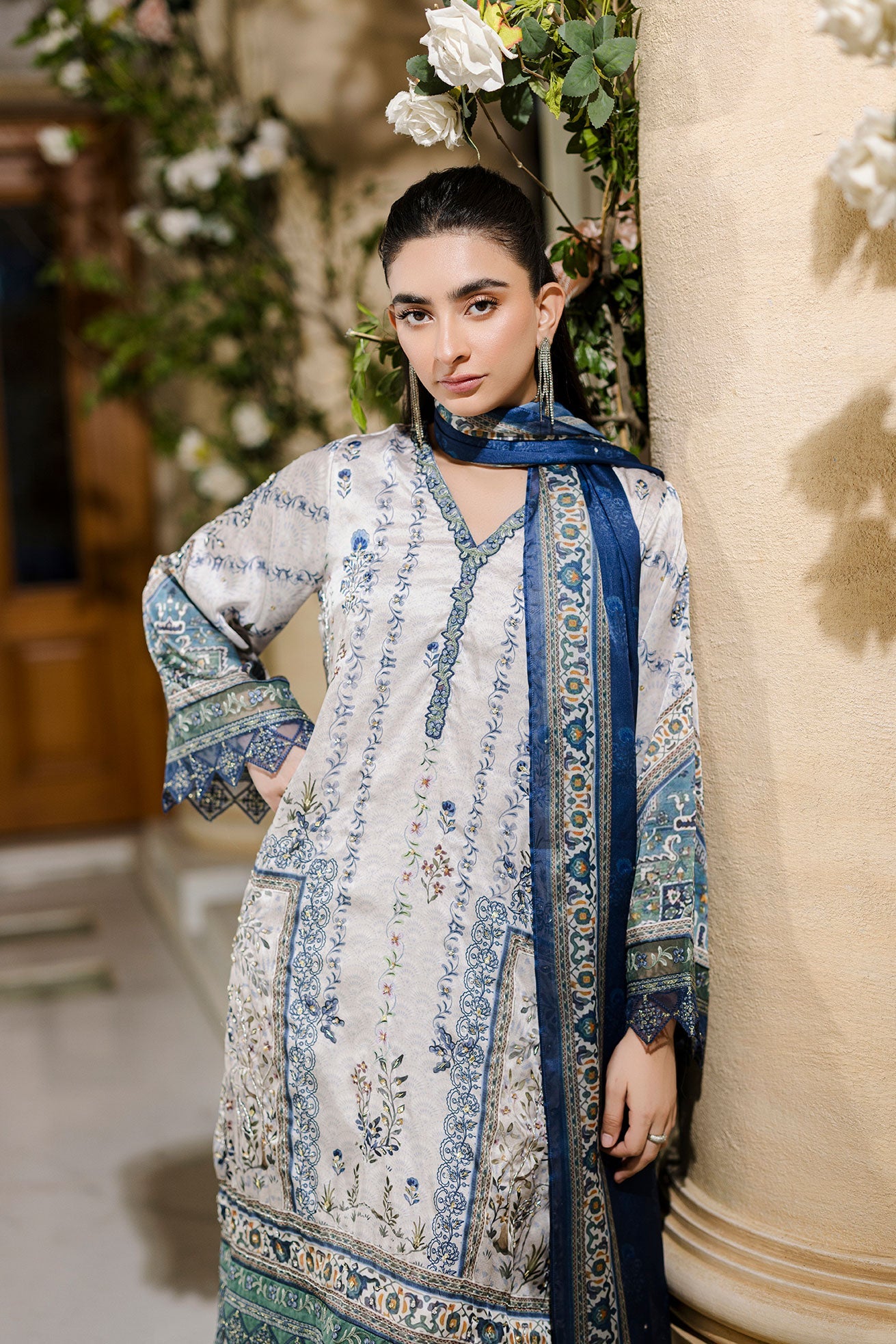 Silk Tunic - 2PCS HAND EMBELLISHED  SHIRT WITH TROUSER-FW25DA-2872 GREY