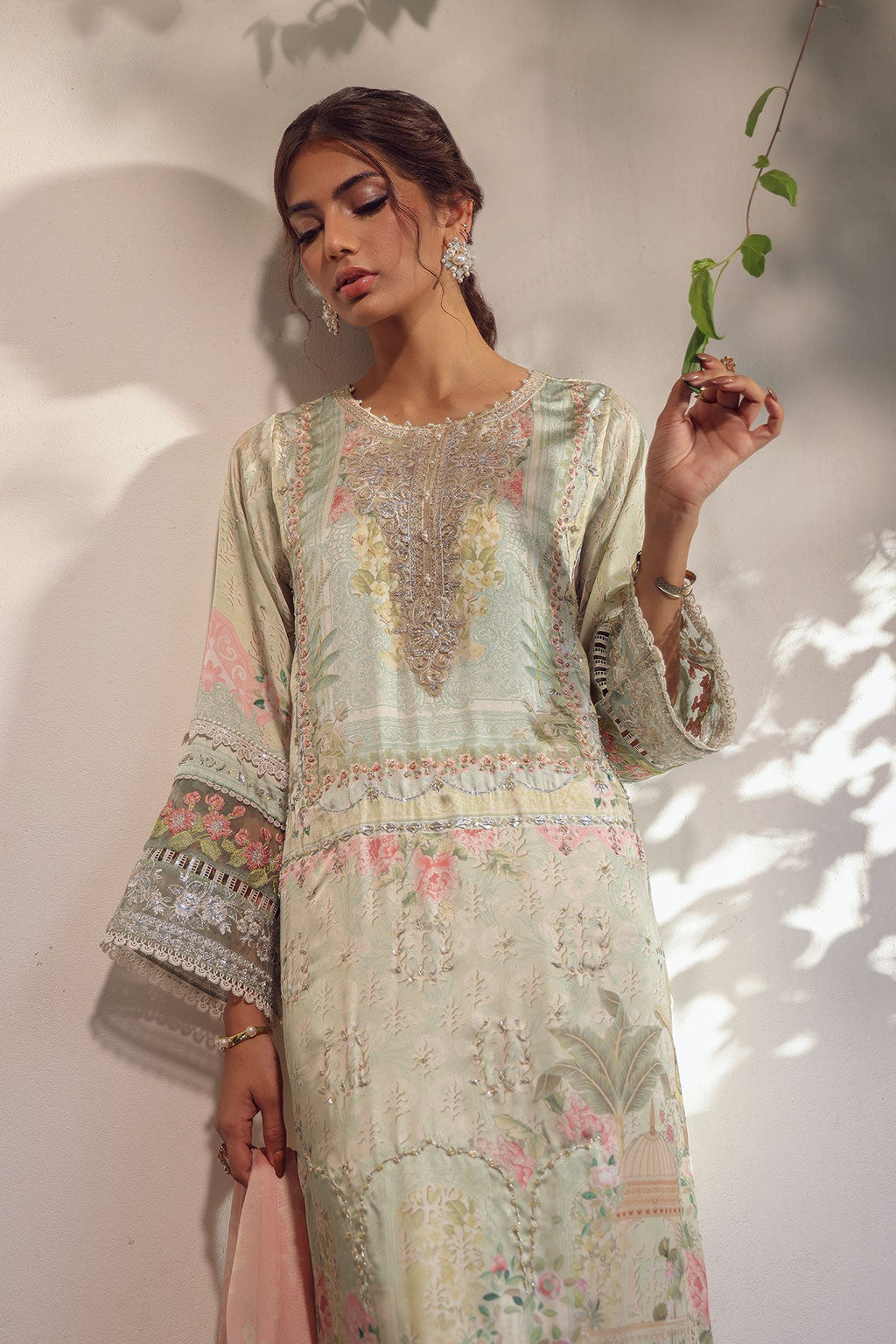 SS24DA-2517 LIGHT GREEN 2PCS HAND EMBELLISHED  SHIRT WITH TROUSER