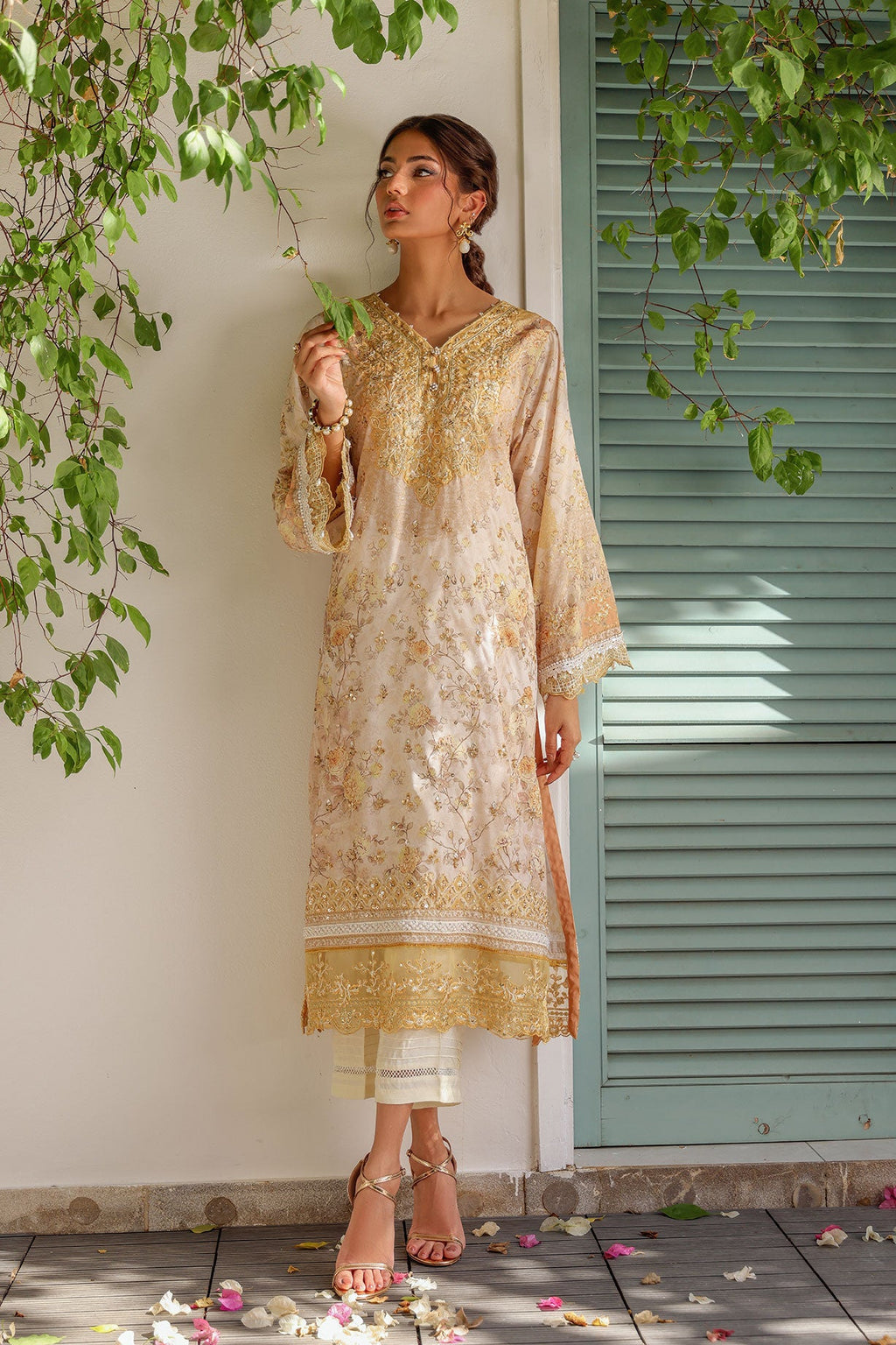 SS24DA-2513 MUSTARD 2PCS HAND EMBELLISHED  SHIRT WITH TROUSER