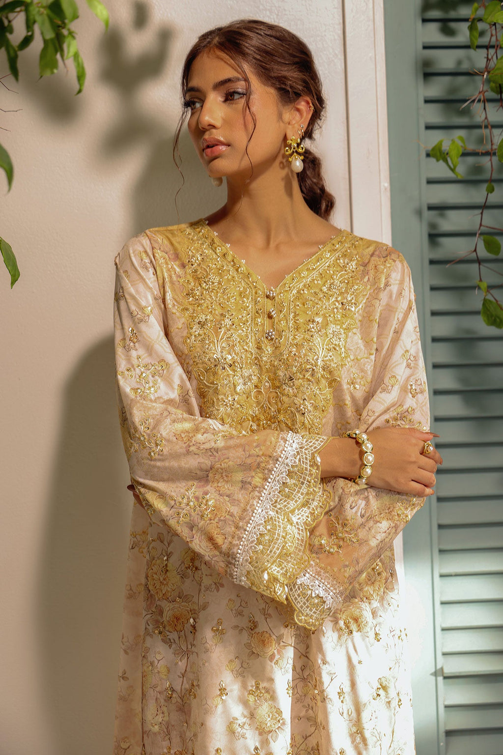 SS24DA-2513 MUSTARD 2PCS HAND EMBELLISHED  SHIRT WITH TROUSER