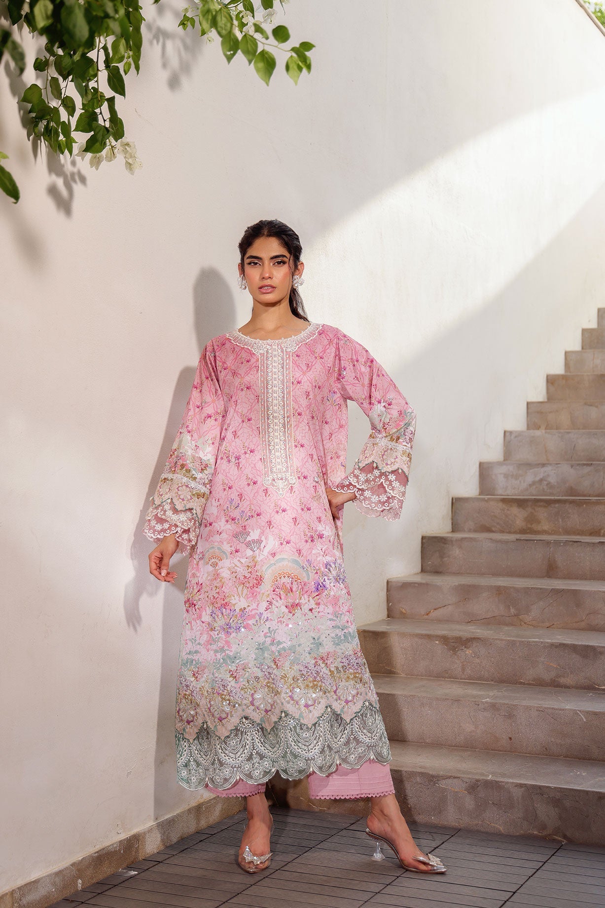 SS24DA-2516 PINK 2PCS HAND EMBELLISHED  SHIRT WITH TROUSER