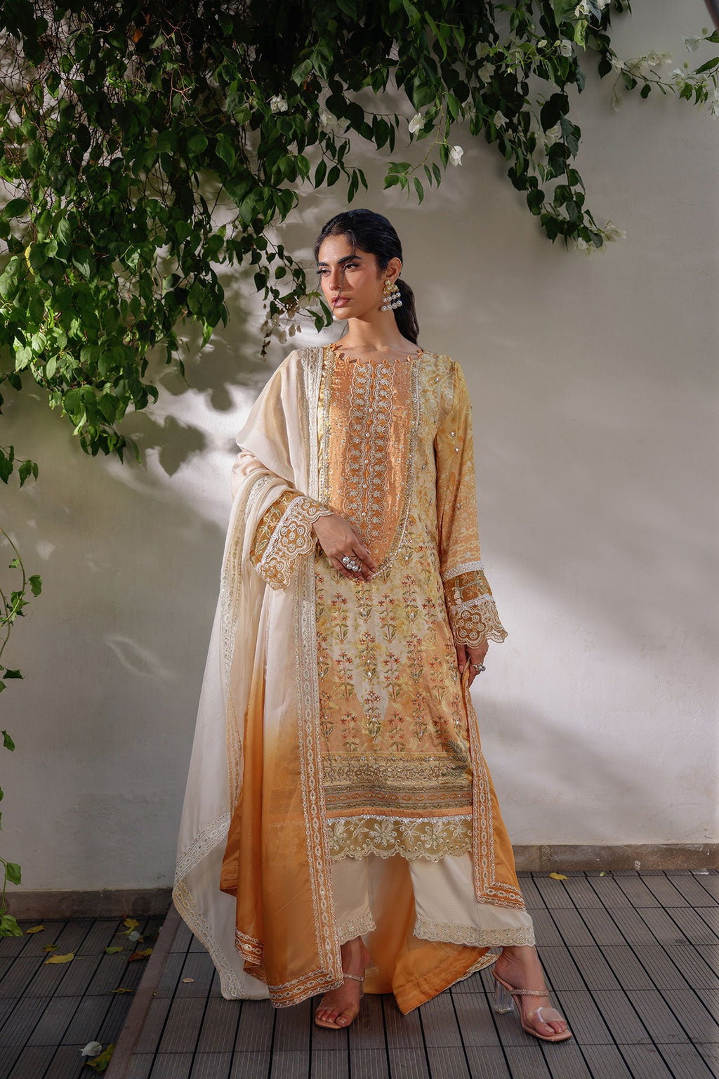 SS24DA-2519 MUSTARD 2PCS HAND EMBELLISHED  SHIRT WITH TROUSER
