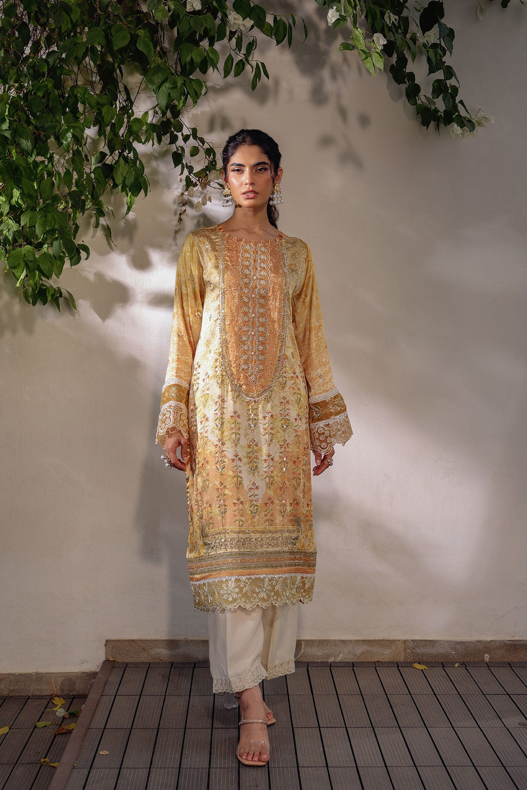 SS24DA-2519 MUSTARD 2PCS HAND EMBELLISHED  SHIRT WITH TROUSER