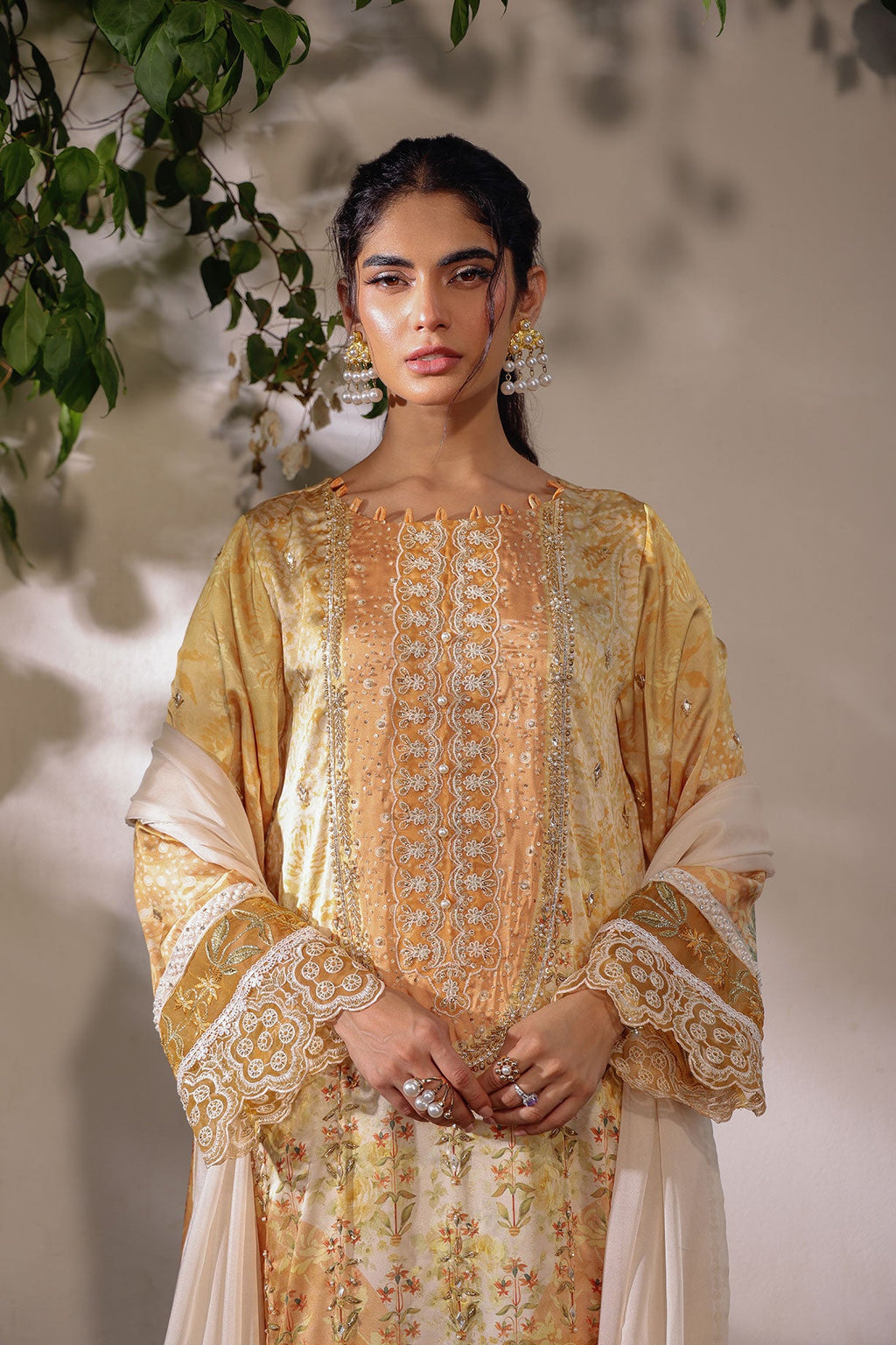 SS24DA-2519 MUSTARD 2PCS HAND EMBELLISHED  SHIRT WITH TROUSER