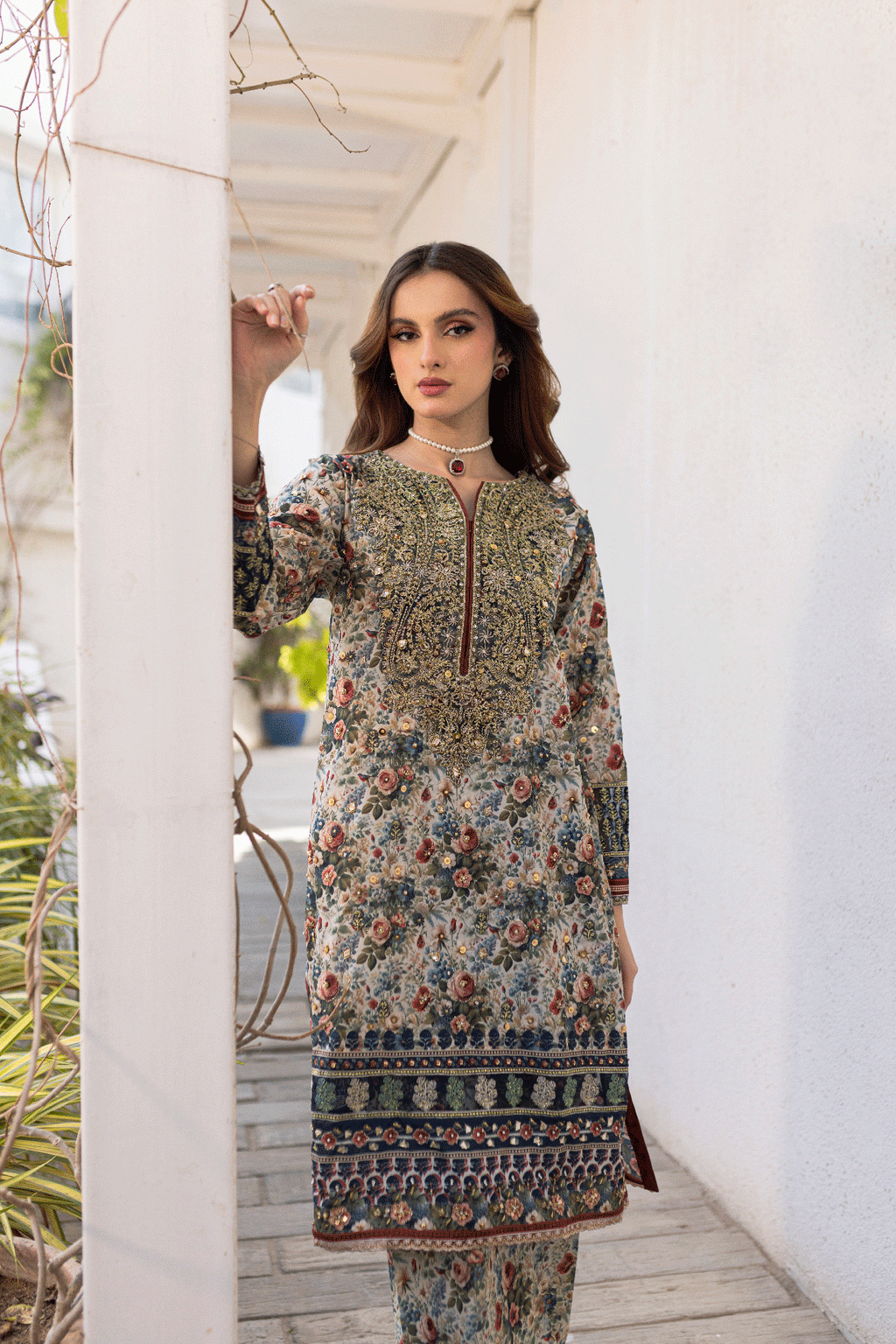 Silk Tunic - 2PCS HAND EMBELLISHED  SHIRT WITH TROUSER-SS24DA-2663 MULTI