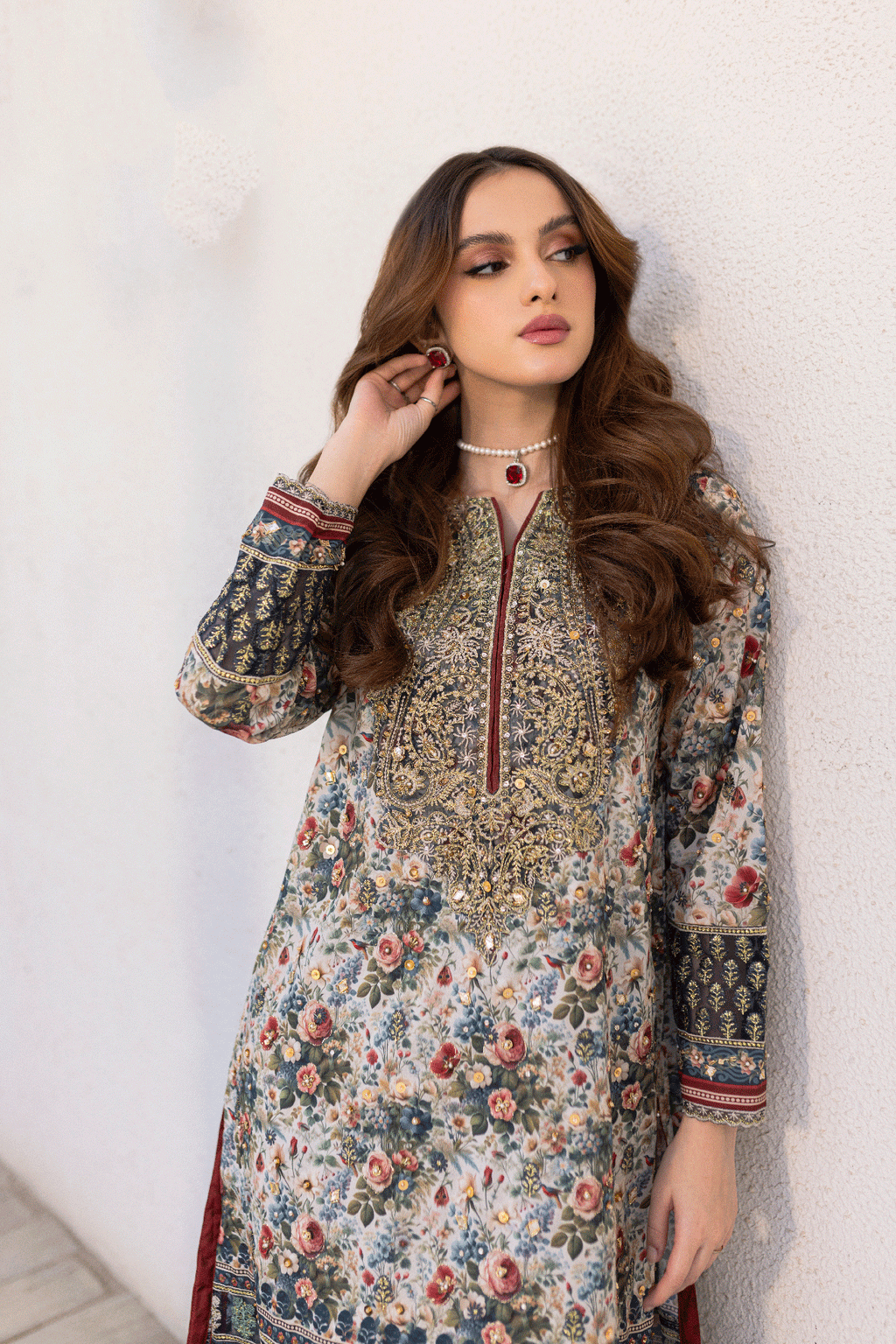 Silk Tunic - 2PCS HAND EMBELLISHED  SHIRT WITH TROUSER-SS24DA-2663 MULTI