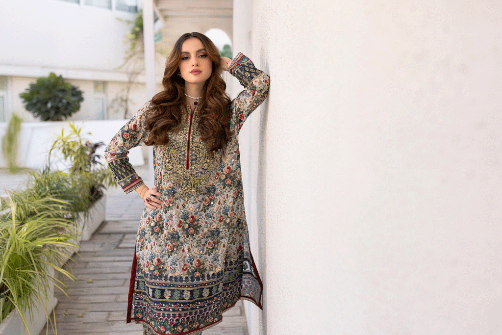 Silk Tunic - 2PCS HAND EMBELLISHED  SHIRT WITH TROUSER-SS24DA-2663 MULTI
