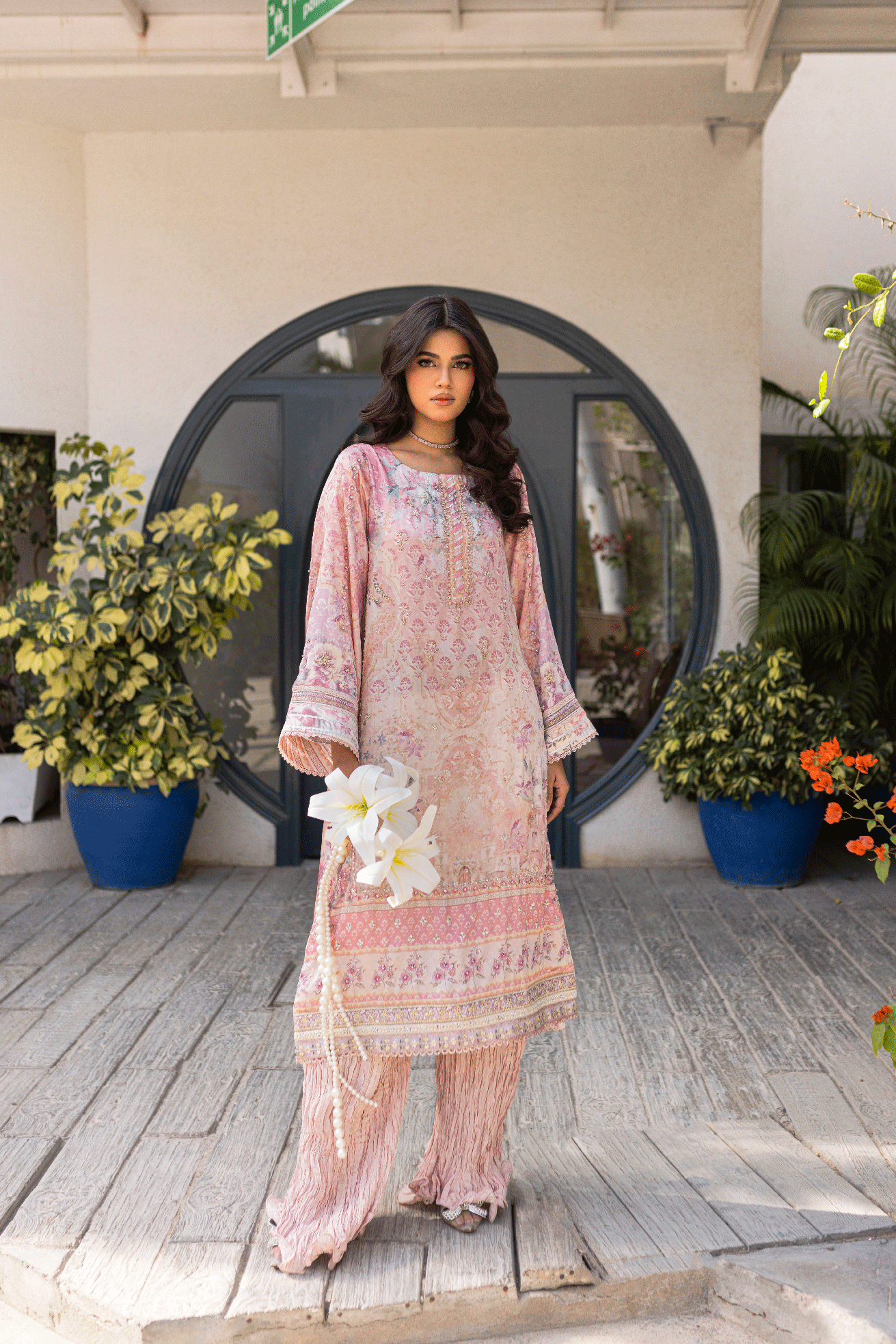 Silk Tunic - 2PCS HAND EMBELLISHED  SHIRT WITH TROUSER-SS24DA-2667 LIGHT PINK