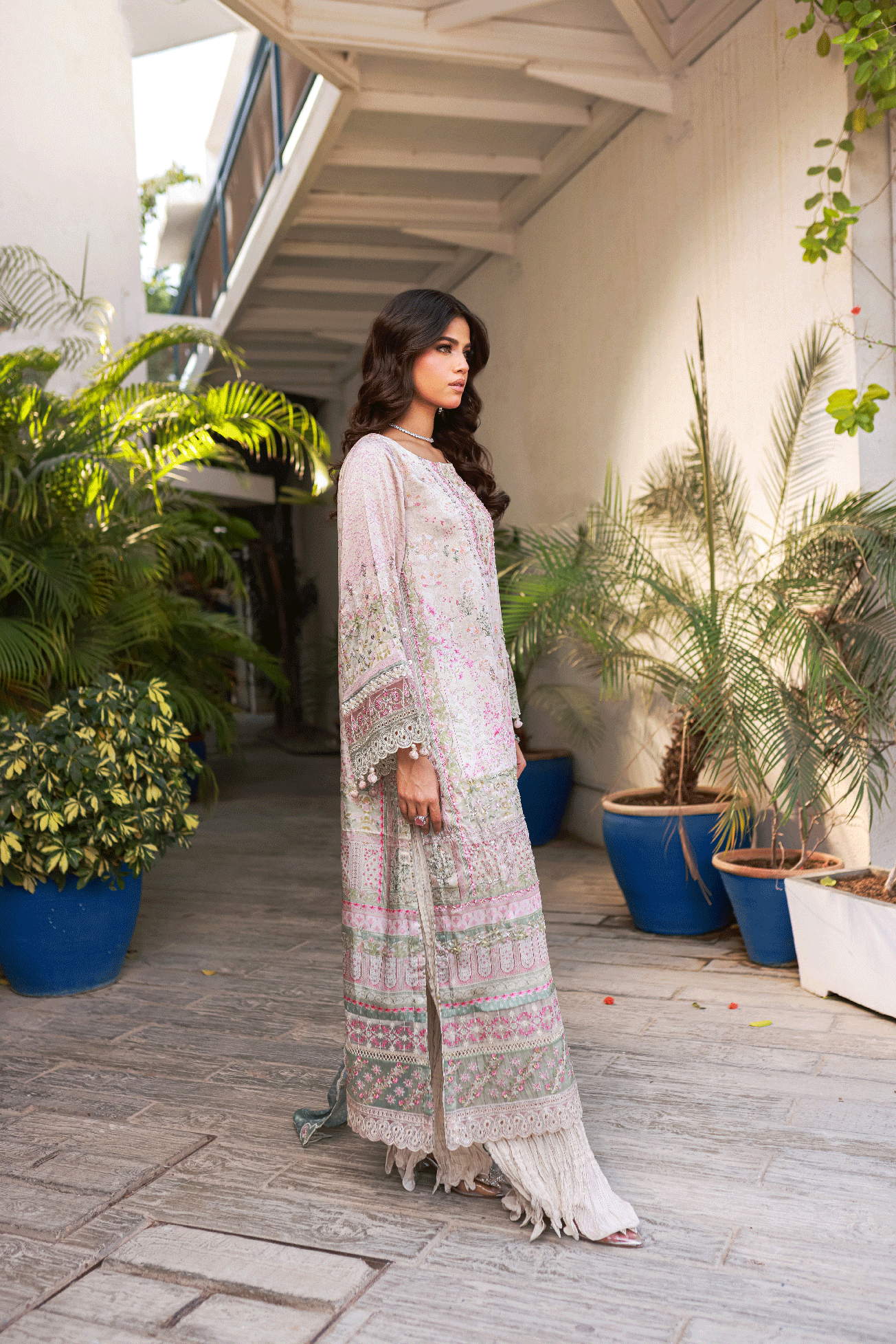 Silk Tunic - 2PCS HAND EMBELLISHED  SHIRT WITH TROUSER-SS24DA-2666 LIGHT GREEN