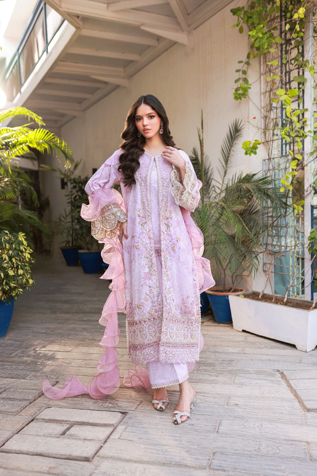 Silk Tunic - 2PCS HAND EMBELLISHED  SHIRT WITH TROUSER-SS24DA-2664 LIGHT PURPLE