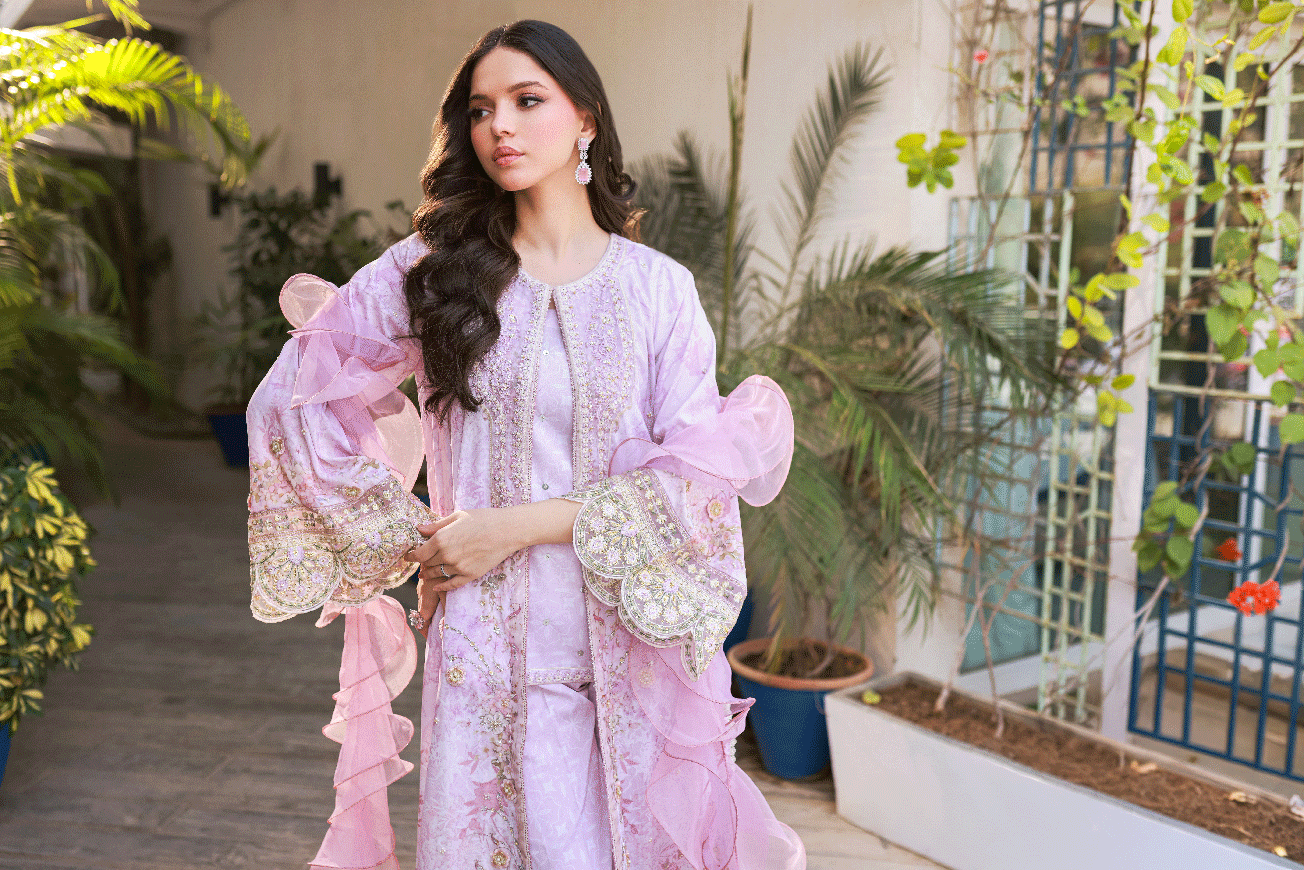 Silk Tunic - 2PCS HAND EMBELLISHED  SHIRT WITH TROUSER-SS24DA-2664 LIGHT PURPLE