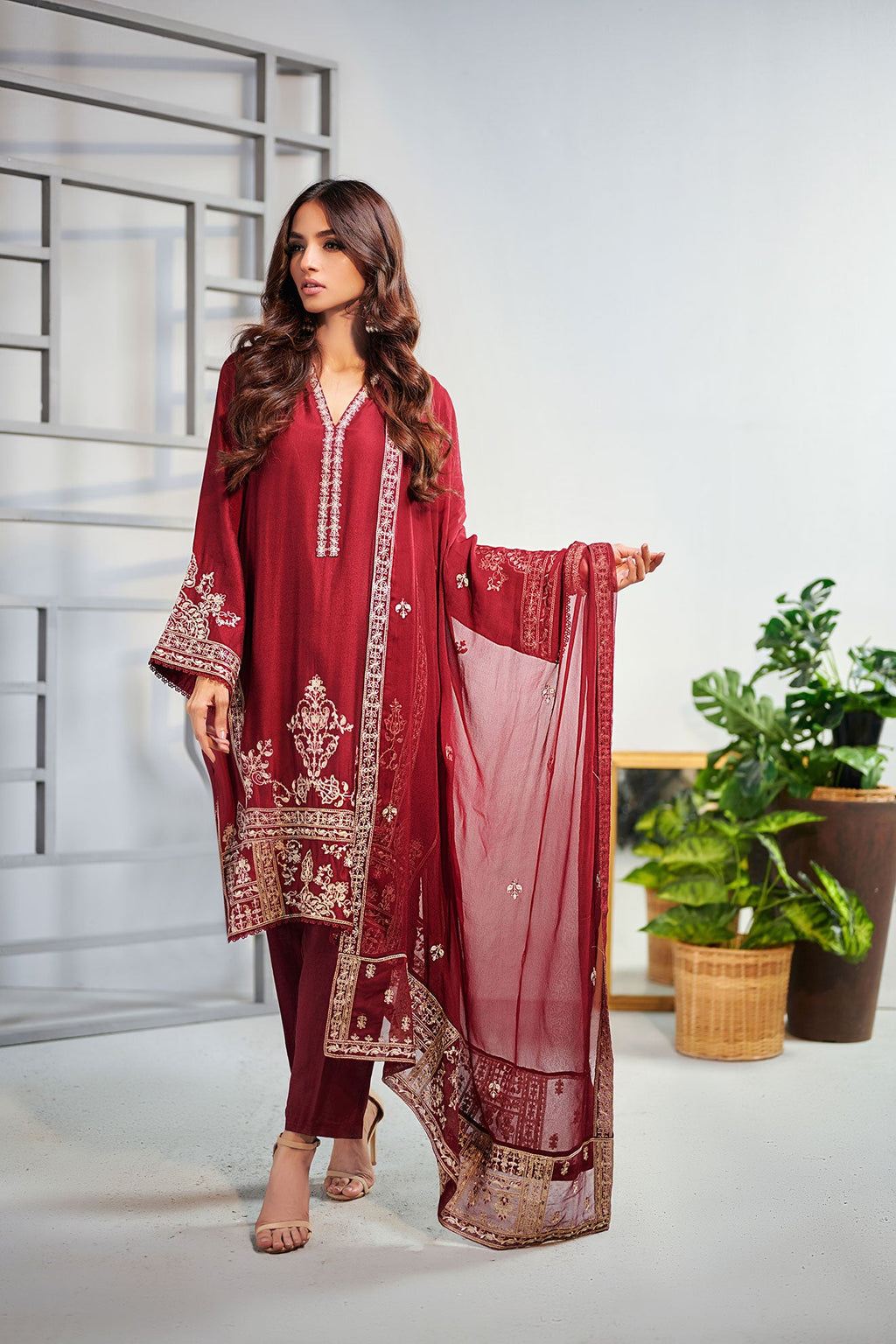 DA-2010 MAROON EMBROIDERED KURTA WITH DUPATTA