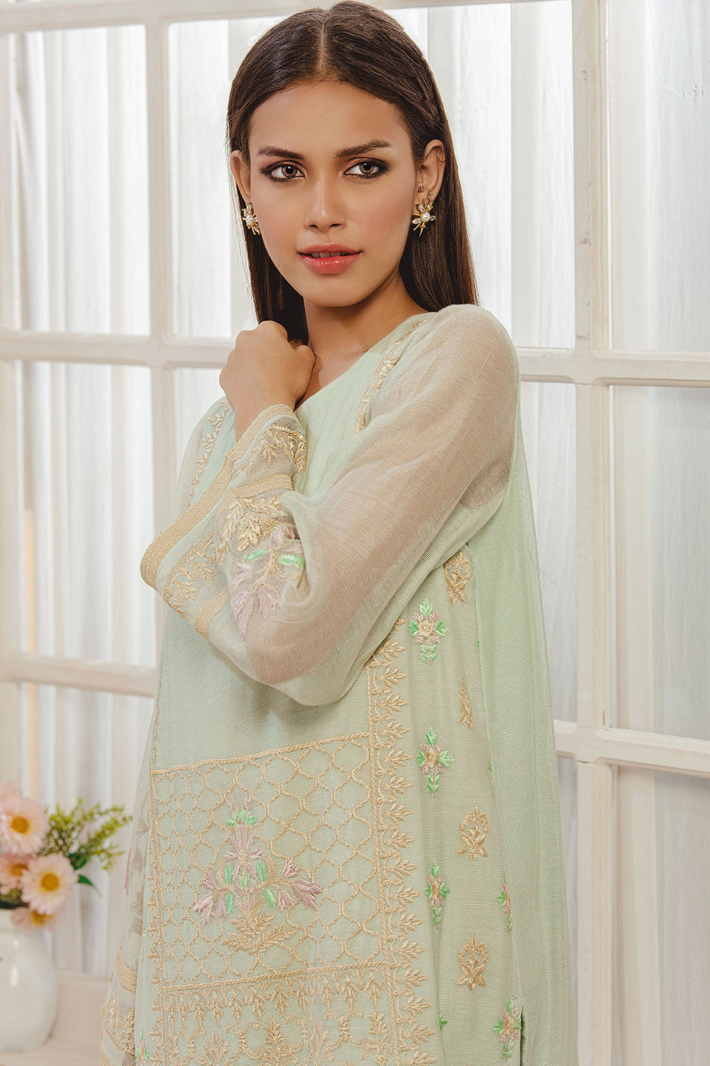 DA-1217 L-GREEN EMBROIDERED KURTA