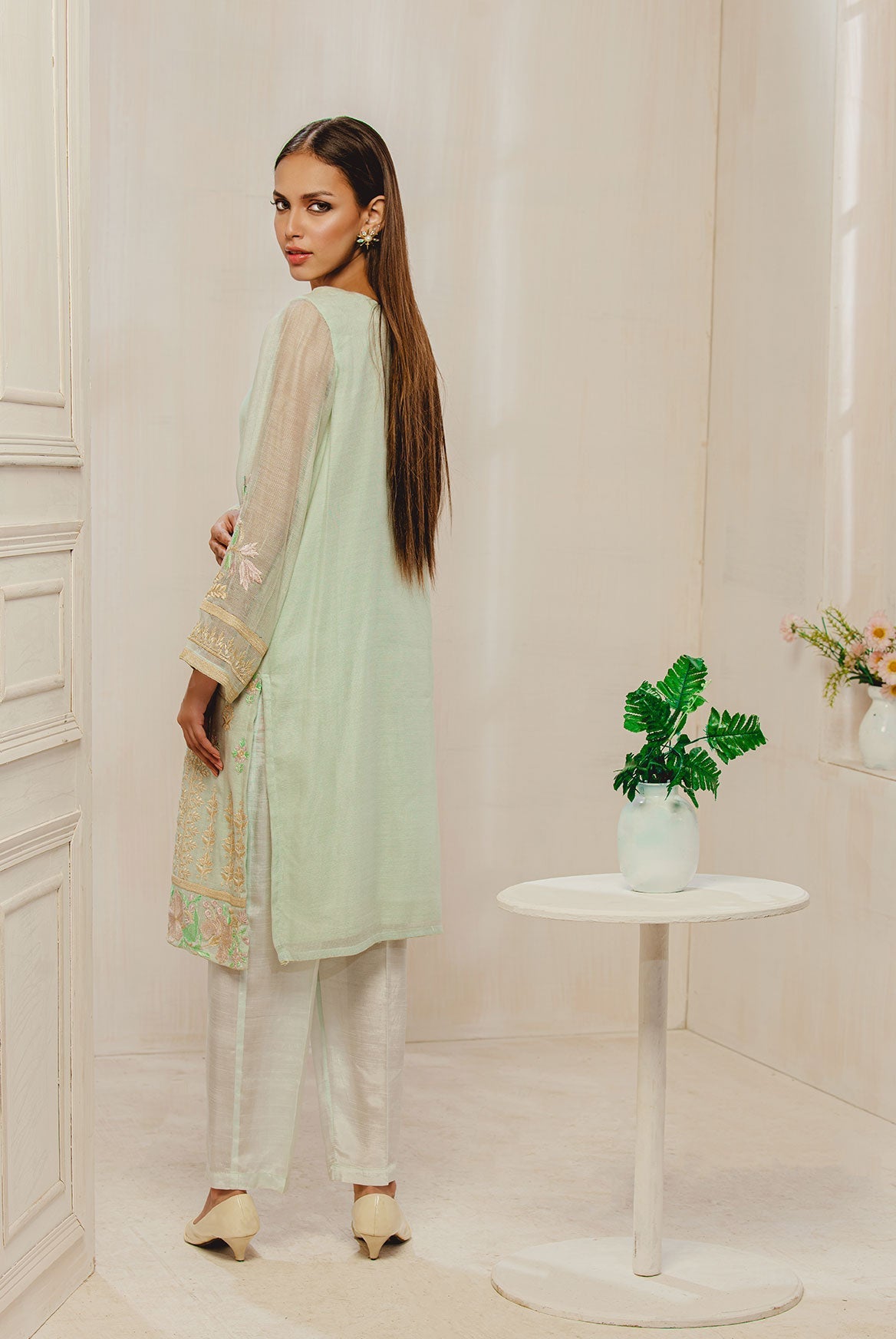 DA-1217 L-GREEN EMBROIDERED KURTA