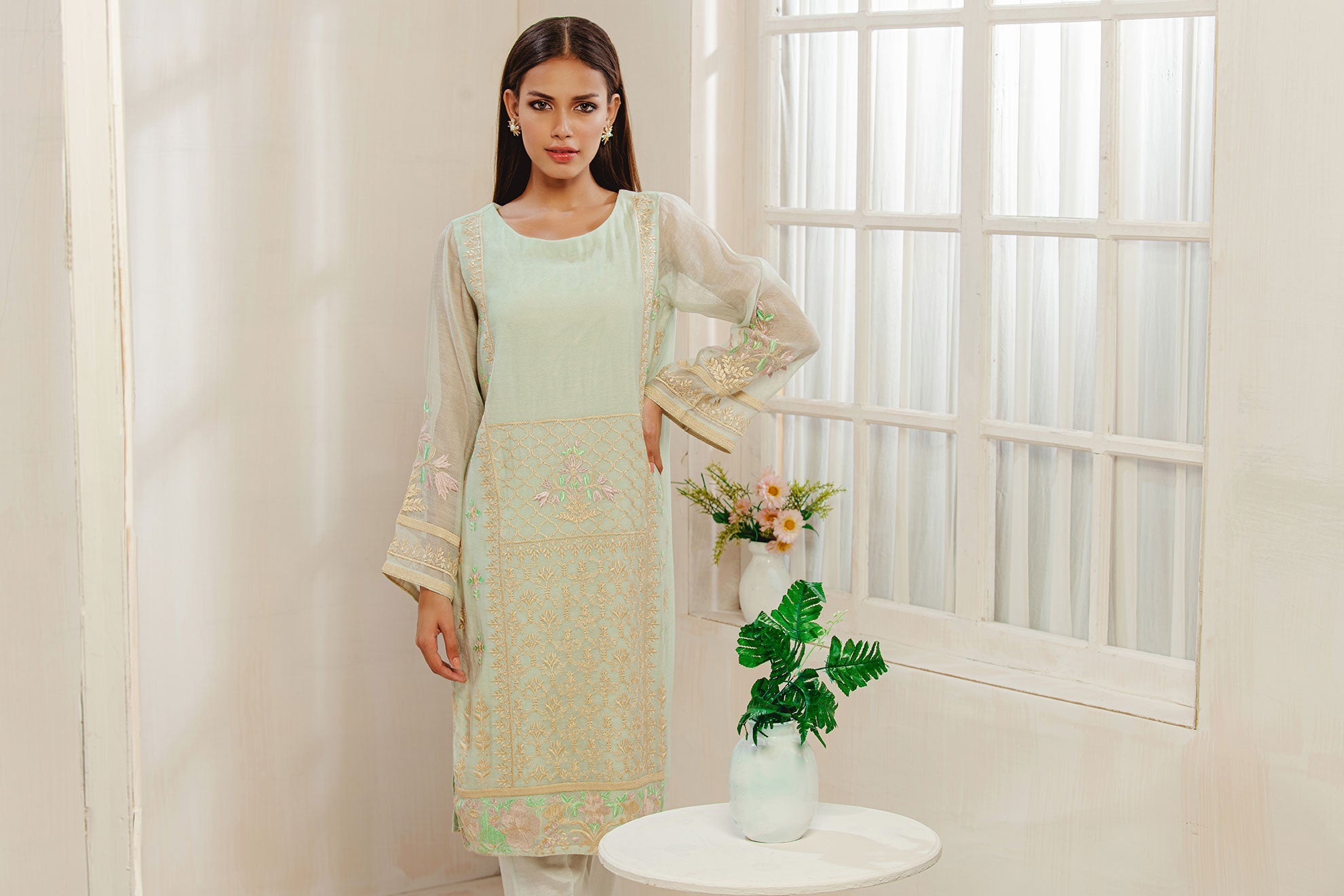 DA-1217 L-GREEN EMBROIDERED KURTA