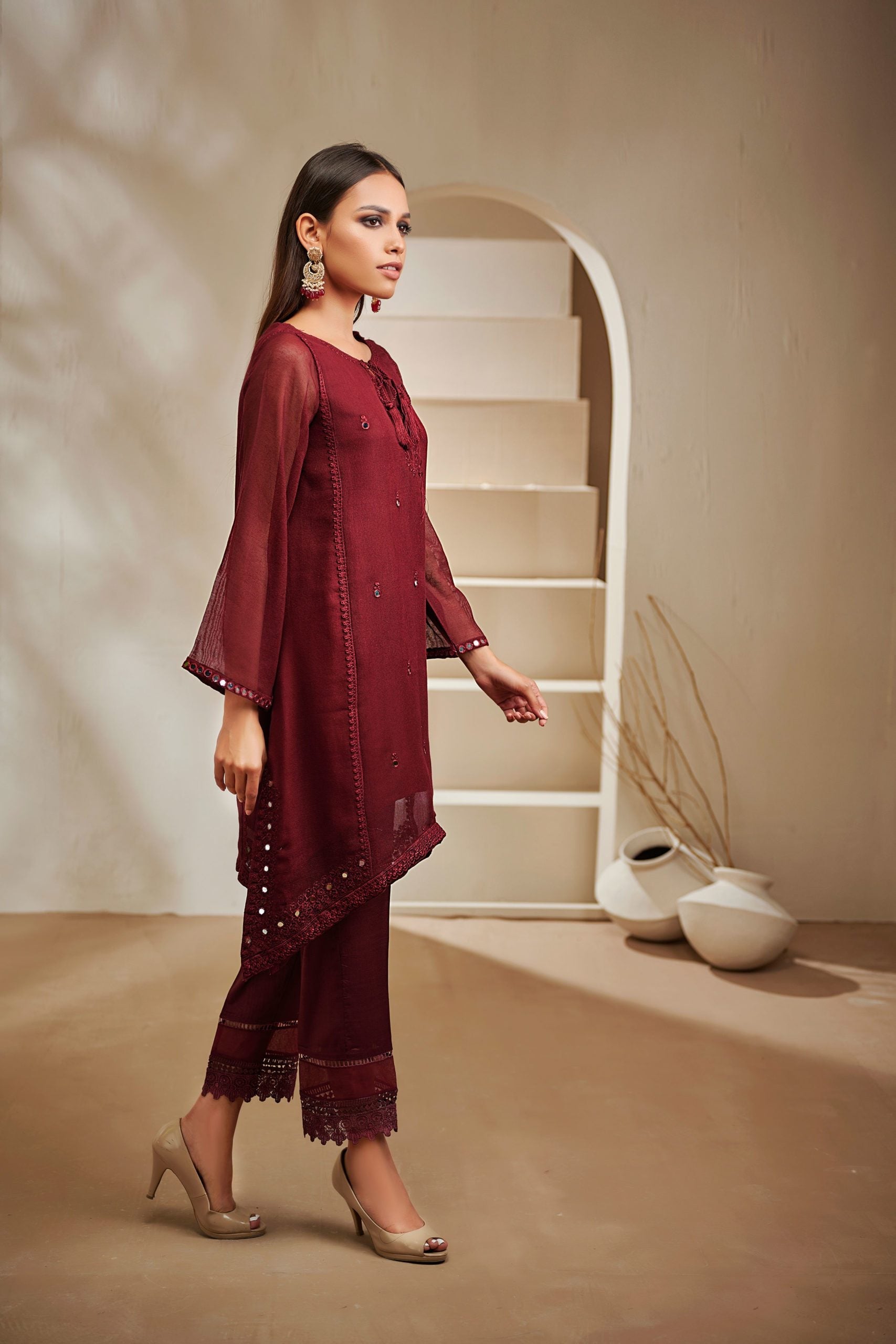 DA-1388 Maroon EMBROIDERED KURTA