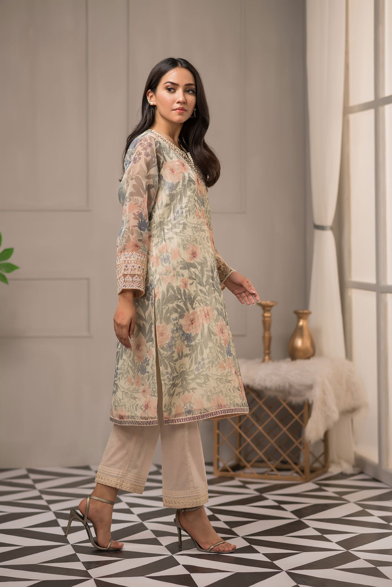 DA-1412 Beige EMBROIDERED KURTA