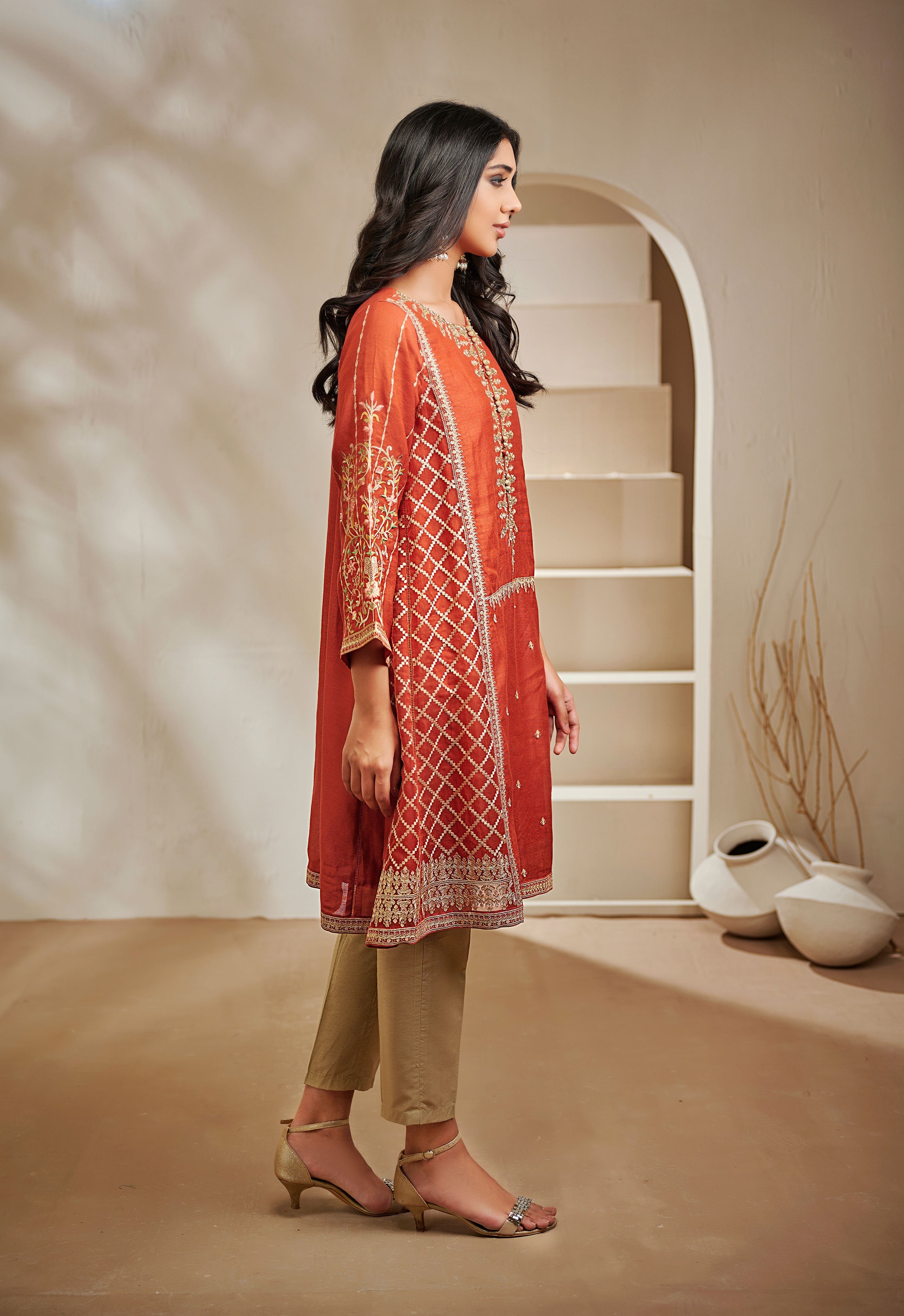 DA-1447 ORANGE EMBROIDERED KURTA
