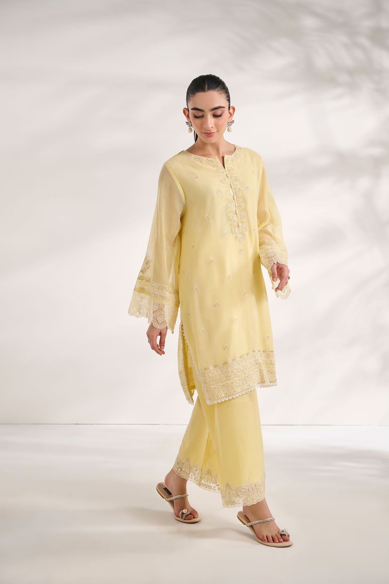 SS24DA-2584   YELLOW  2PCS  EMBROIDERED KURTA WITH TROUSER