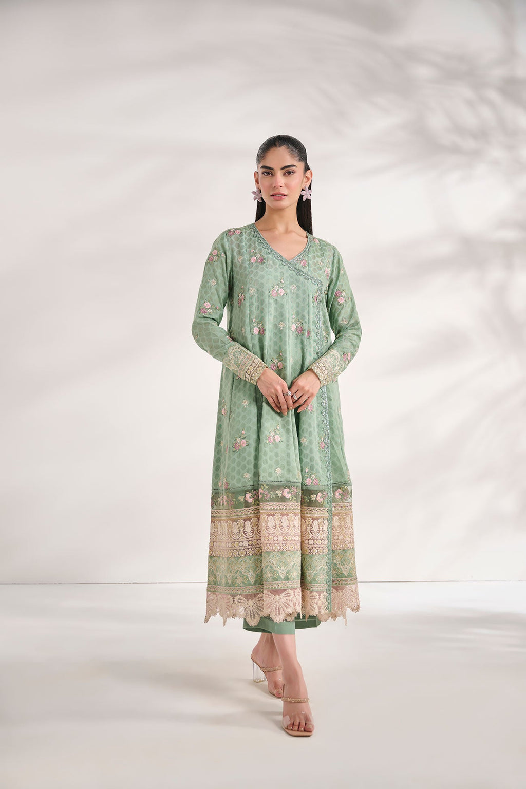 SS24DA-2473   GREEN  2PCS  EMBROIDERED KURTA WITH TROUSER