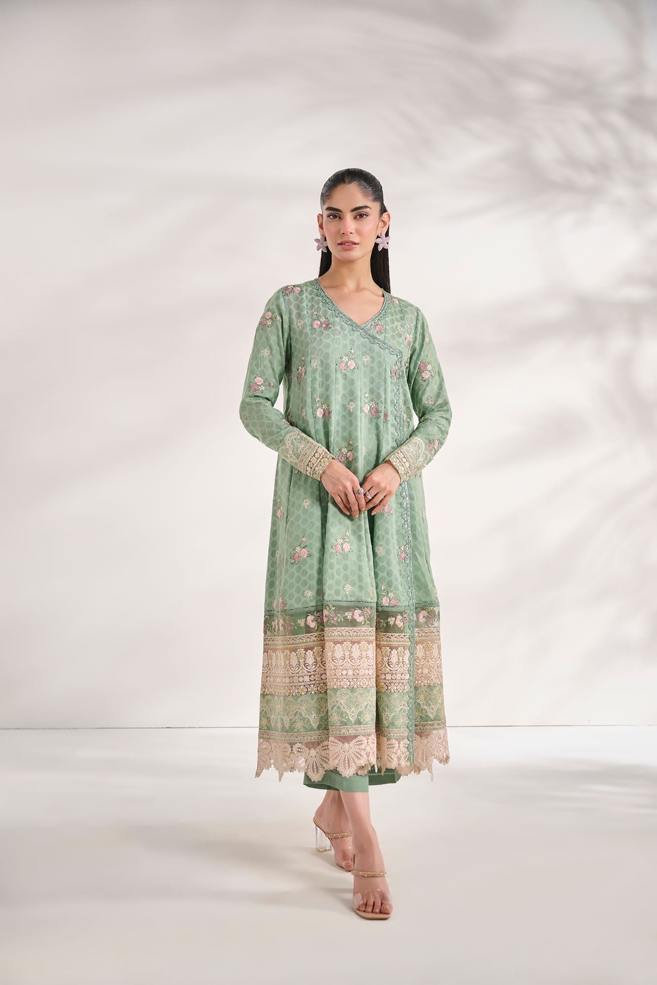 SS24DA-2473   GREEN  2PCS  EMBROIDERED KURTA WITH TROUSER