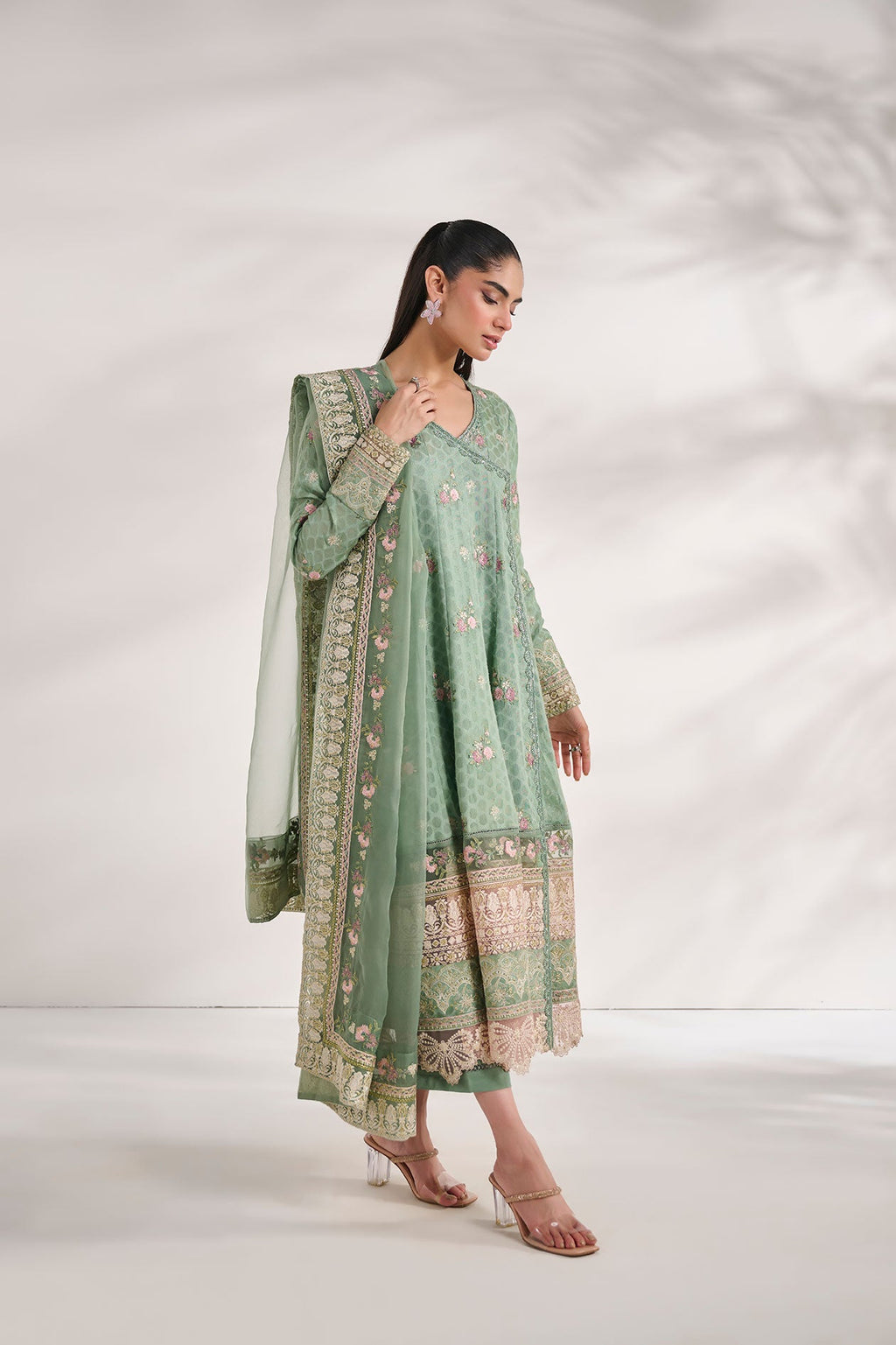 SS24DA-2473   GREEN  2PCS  EMBROIDERED KURTA WITH TROUSER