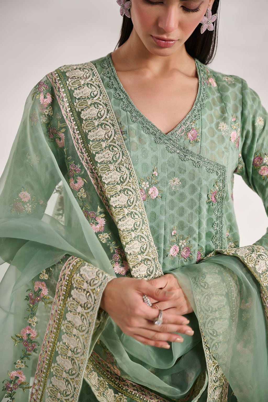 SS24DA-2473   GREEN  2PCS  EMBROIDERED KURTA WITH TROUSER
