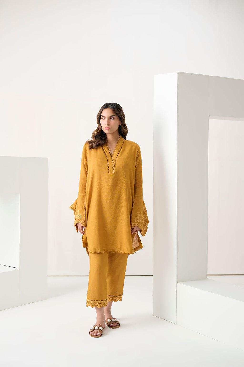 DC-2252 MUSTARD 2PCS  EMBROIDERED KURTA WITH TROUSER