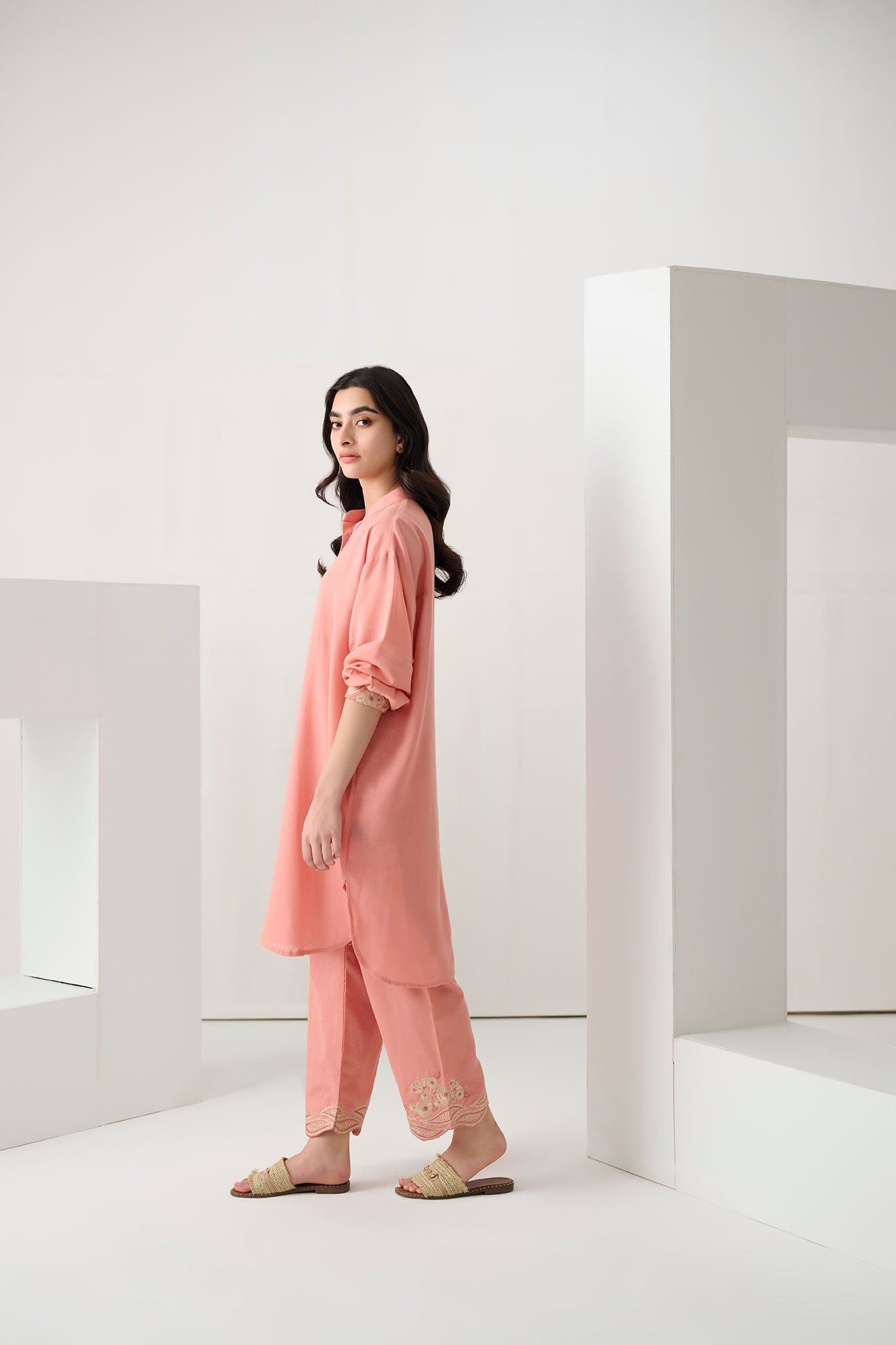 DC-2254 PEACH 2PCS  EMBROIDERED KURTA WITH TROUSER